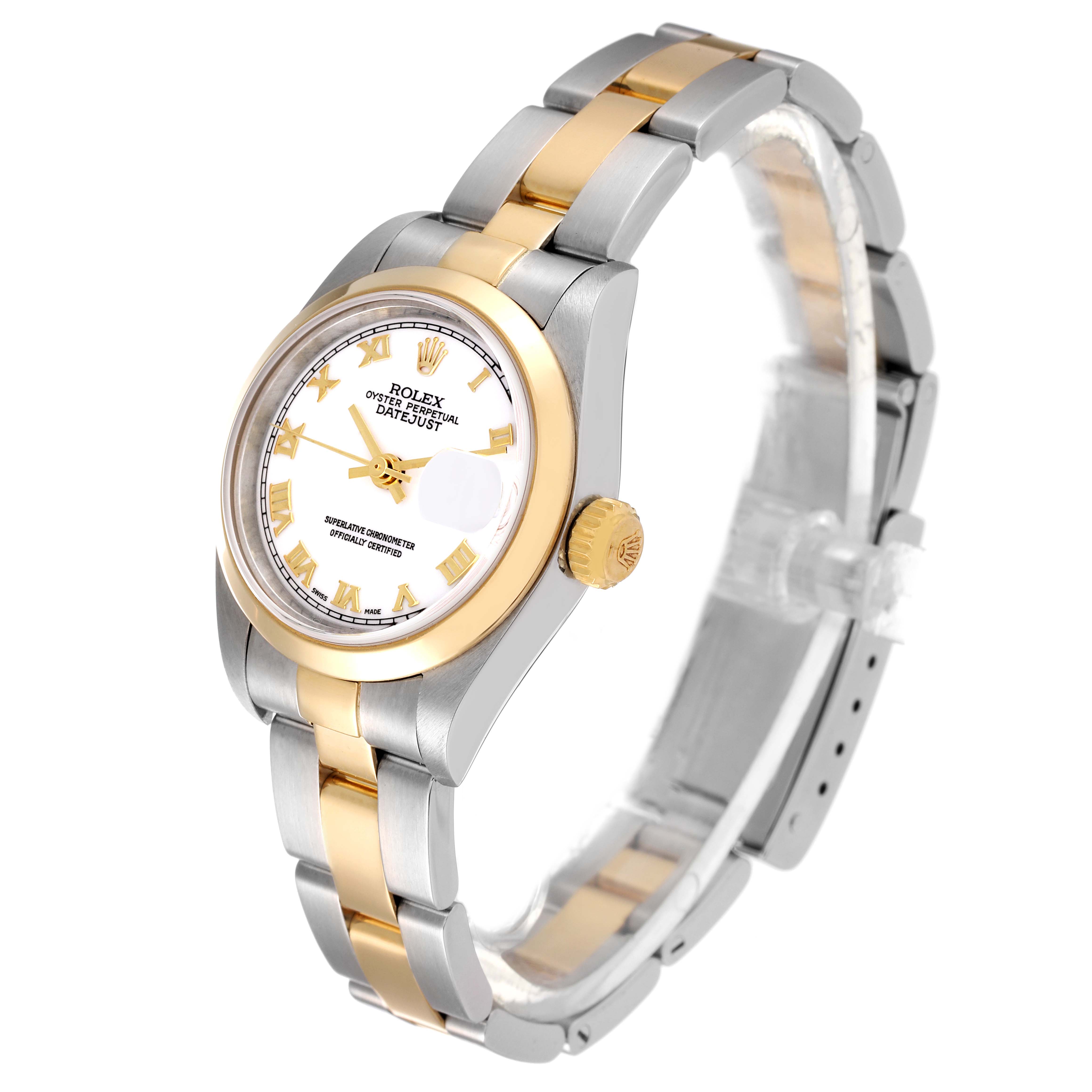 The Rolex Datejust 79163 Women's Steel and Gold (two tone) White Dial 79163 Women's Steel and Gold (two tone) White Dial watch is shown at a slight side angle, highlighting its gold and silver bracelet, white dial, and gold bezel.