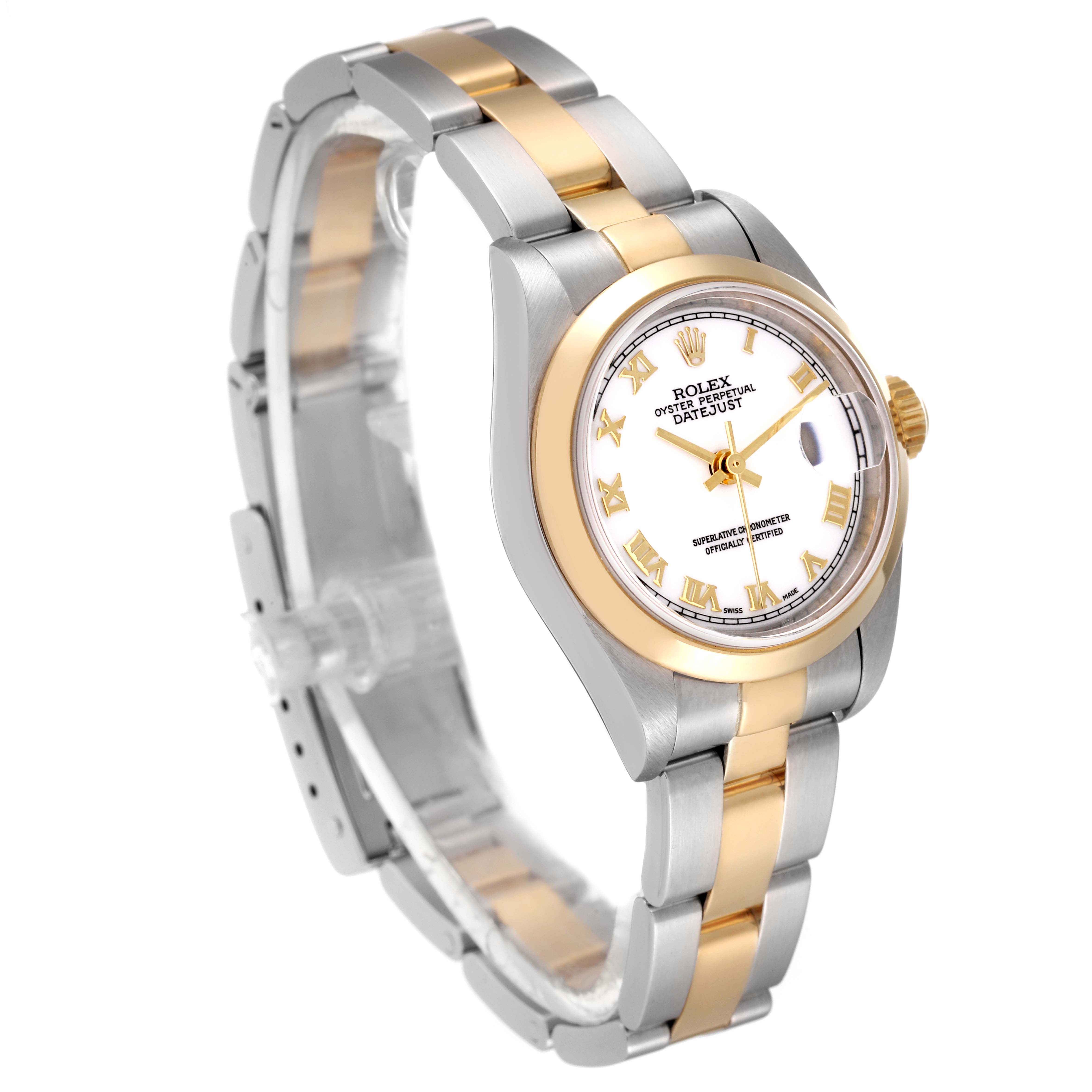 The image shows a Rolex Datejust 79163 Women's Steel and Gold (two tone) White Dial 79163 Women's Steel and Gold (two tone) White Dial watch at an angled side view, highlighting its two-tone bracelet and white dial.