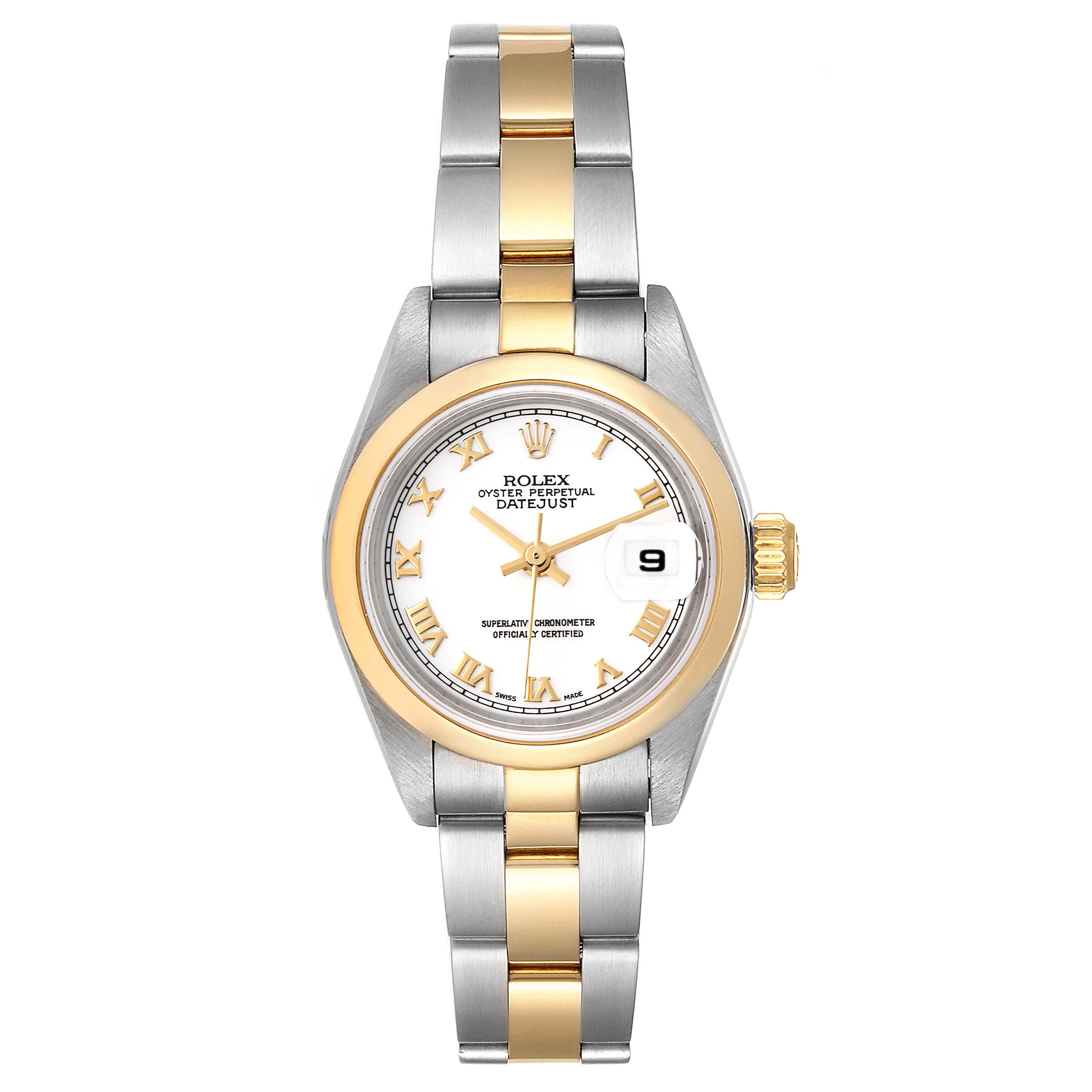 The image shows a front view of a Rolex Datejust 79163 Women's Steel and Gold (two tone) White Dial 79163 Women's Steel and Gold (two tone) White Dial watch, featuring a two-tone metal band and a white dial with a date display.