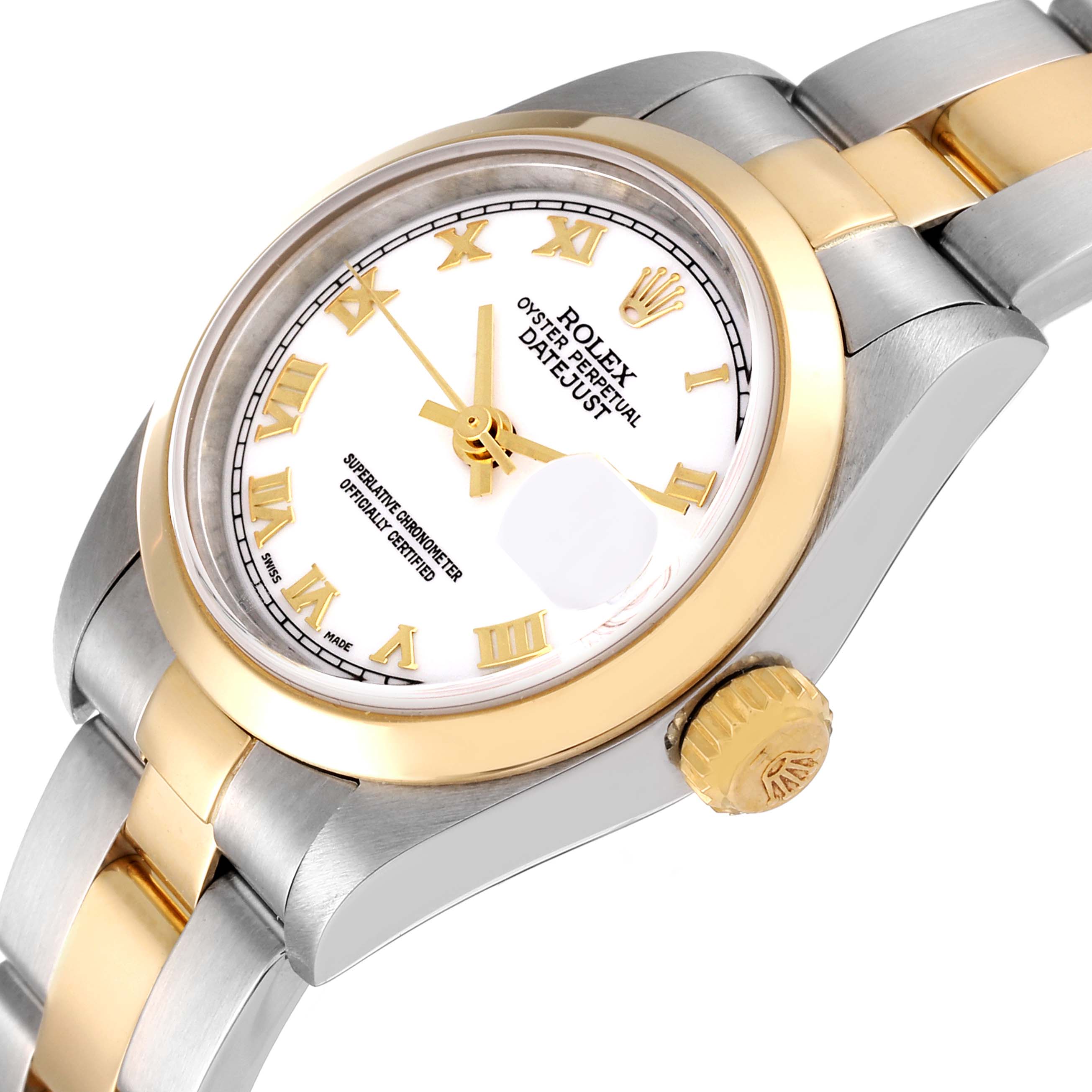 The image shows a close-up, angled view of the Rolex Datejust 79163 Women's Steel and Gold (two tone) White Dial 79163 Women's Steel and Gold (two tone) White Dial watch, highlighting the dial, bezel, and bracelet.