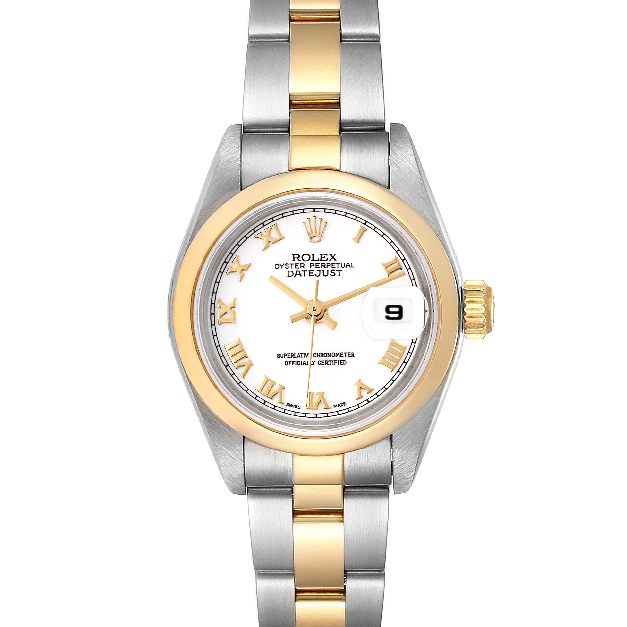 The Rolex Datejust 79163 Women's Steel and Gold (two tone) White Dial 79163 Women's Steel and Gold (two tone) White Dial watch is shown from a top-down angle, highlighting the dial, bracelet, and bezel.
