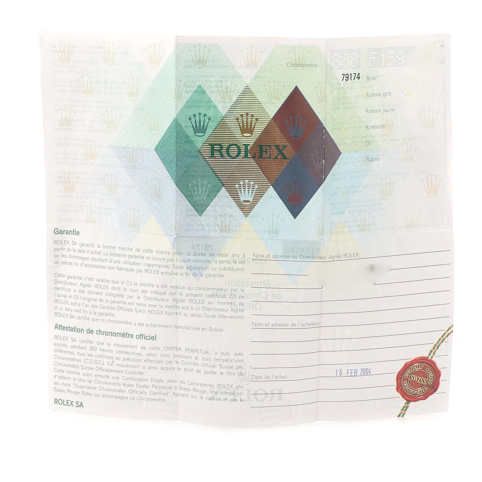 This image shows the warranty card for the Rolex Datejust 79174 Women's Stainless Steel Mother of Pearl Dial 79174 Women's Stainless Steel Mother of Pearl Dial model.