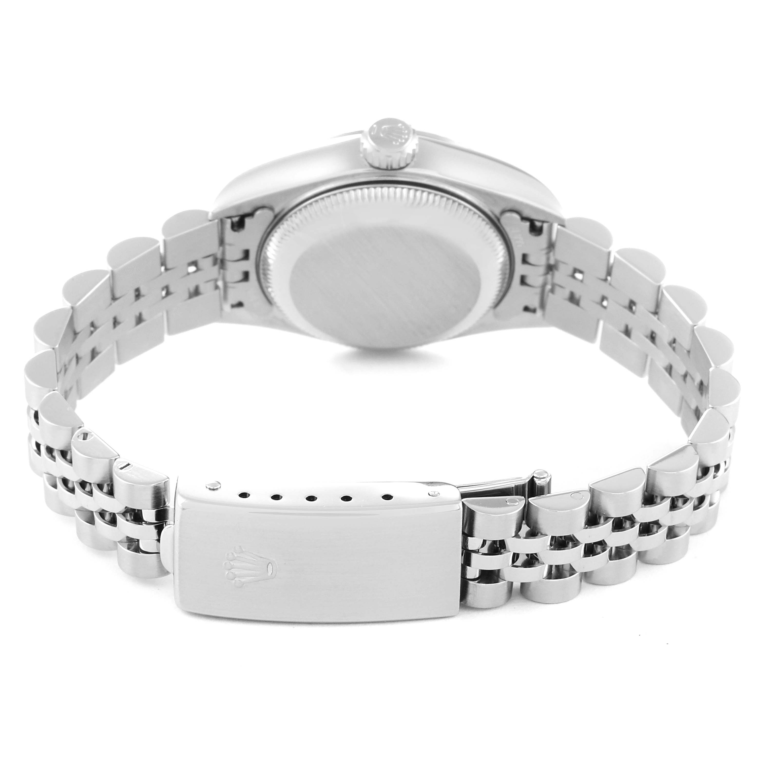 The image shows the back view of a Rolex Datejust 79174 Women's Stainless Steel Mother of Pearl Dial 79174 Women's Stainless Steel Mother of Pearl Dial watch, focusing on the bracelet and clasp.