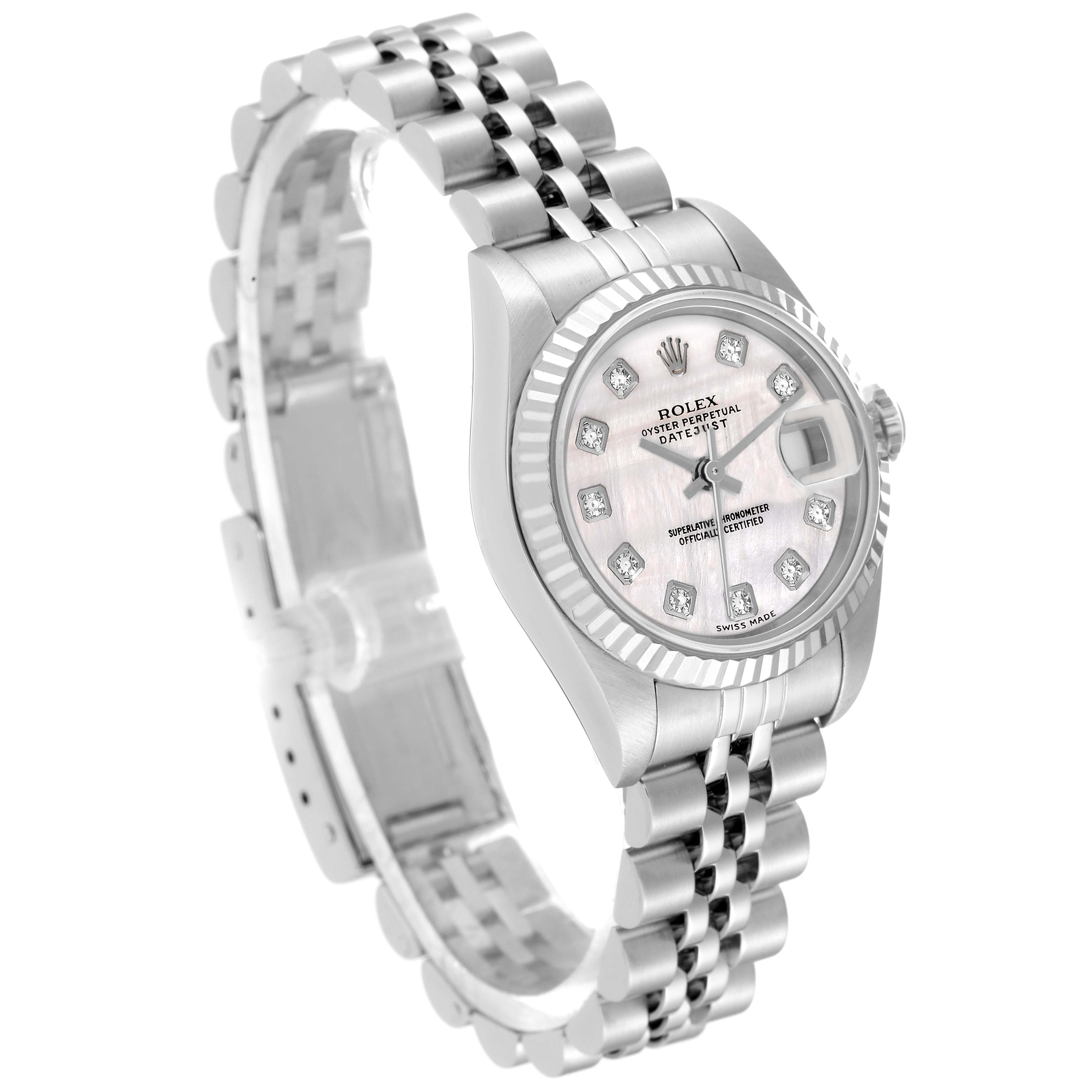 The image shows a Rolex Datejust 79174 Women's Stainless Steel Mother of Pearl Dial 79174 Women's Stainless Steel Mother of Pearl Dial watch angled from the top-right, displaying the face, bezel, and part of the bracelet.