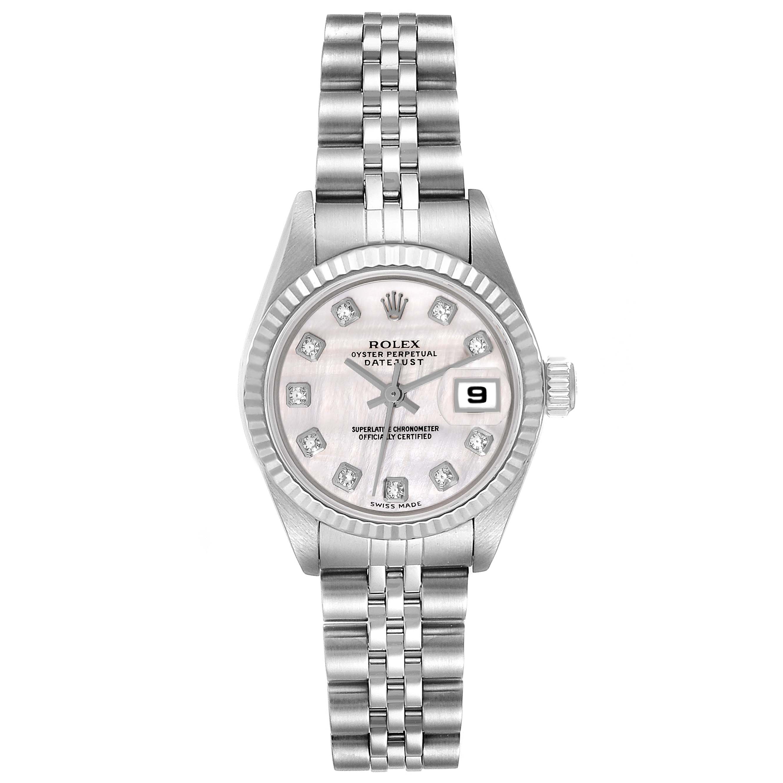 The image shows a front view of a Rolex Datejust 79174 Women's Stainless Steel Mother of Pearl Dial 79174 Women's Stainless Steel Mother of Pearl Dial model watch, highlighting its face, bracelet, and crown.