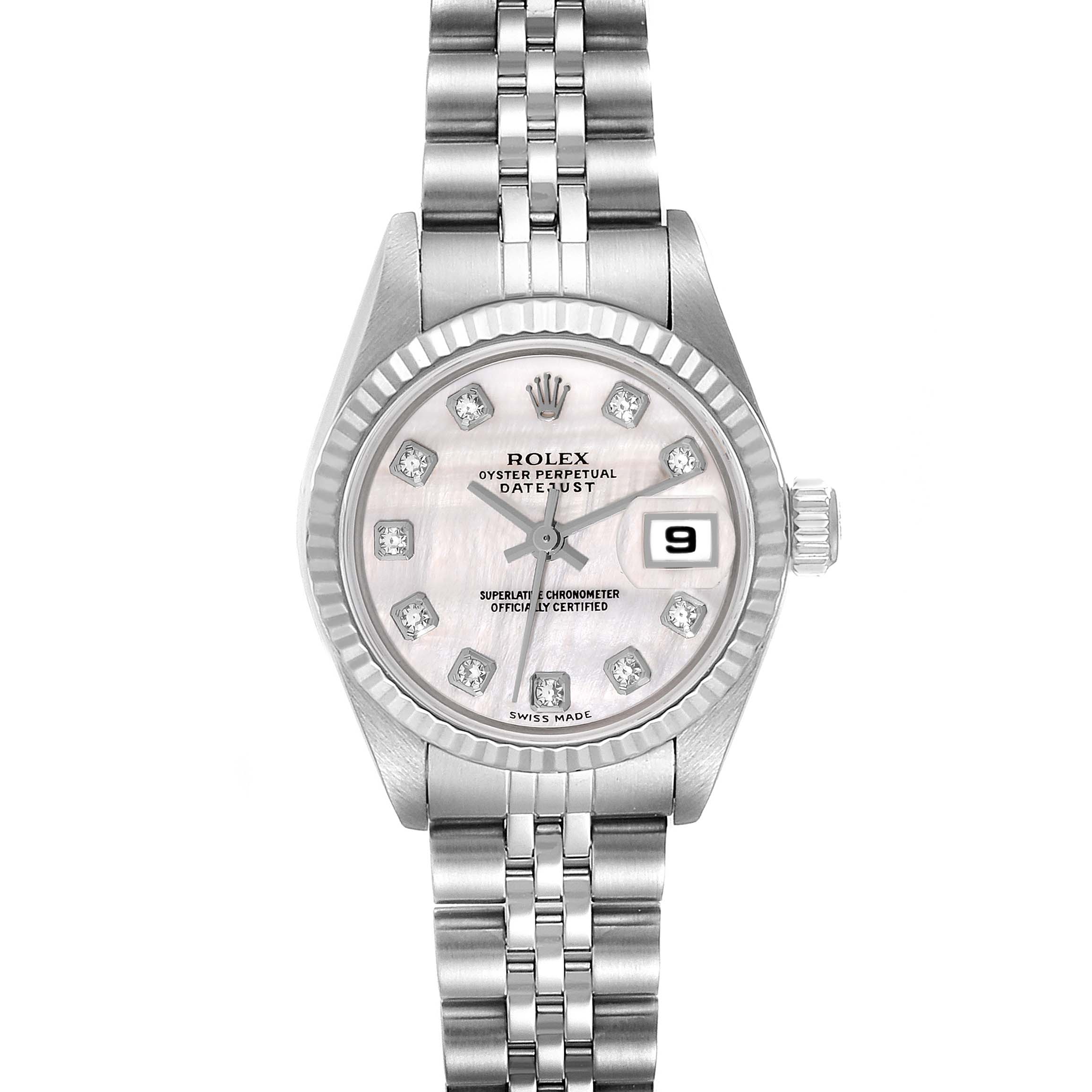 This image shows a front view of the Rolex Datejust 79174 Women's Stainless Steel Mother of Pearl Dial 79174 Women's Stainless Steel Mother of Pearl Dial watch, displaying the dial, bezel, bracelet, and crown.