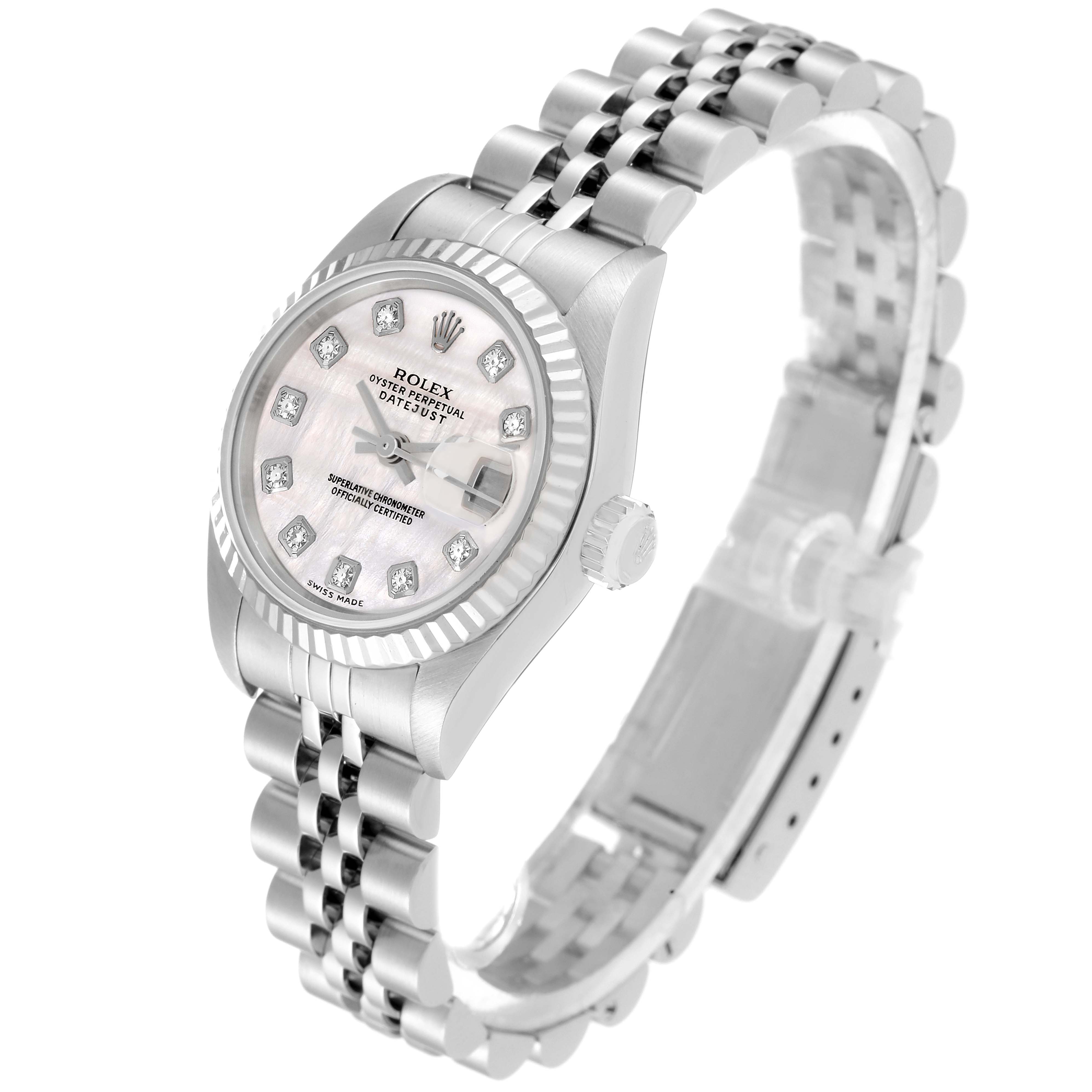 The image shows a Rolex Datejust 79174 Women's Stainless Steel Mother of Pearl Dial 79174 Women's Stainless Steel Mother of Pearl Dial watch at a three-quarter angle, highlighting its face, bezel, crown, and stainless steel bracelet.