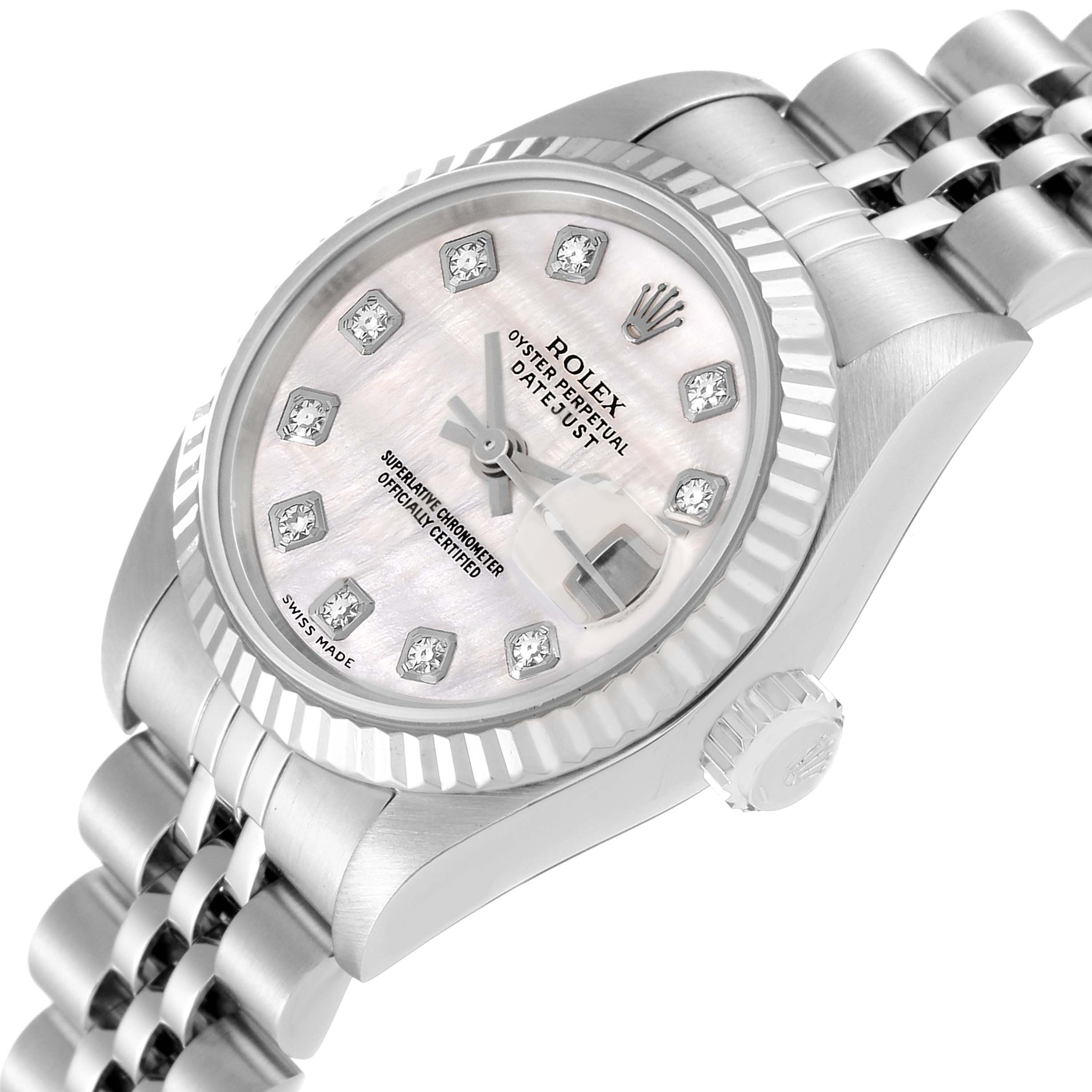 This image shows a Rolex Datejust 79174 Women's Stainless Steel Mother of Pearl Dial 79174 Women's Stainless Steel Mother of Pearl Dial watch from a slight side angle, highlighting the face, bezel, crown, and bracelet.