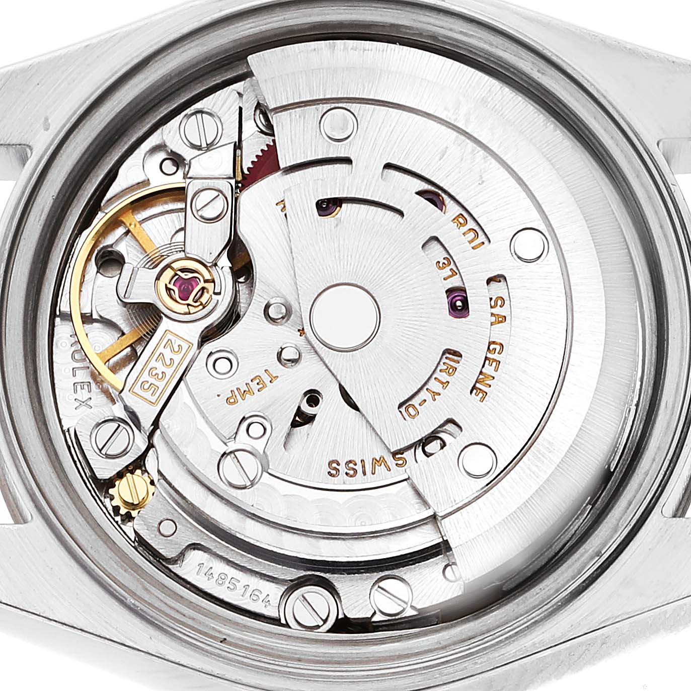 This image shows a close-up of the movement of a Rolex Datejust 79174 Women's Stainless Steel Mother of Pearl Dial 79174 Women's Stainless Steel Mother of Pearl Dial watch, showcasing the internal mechanical components.