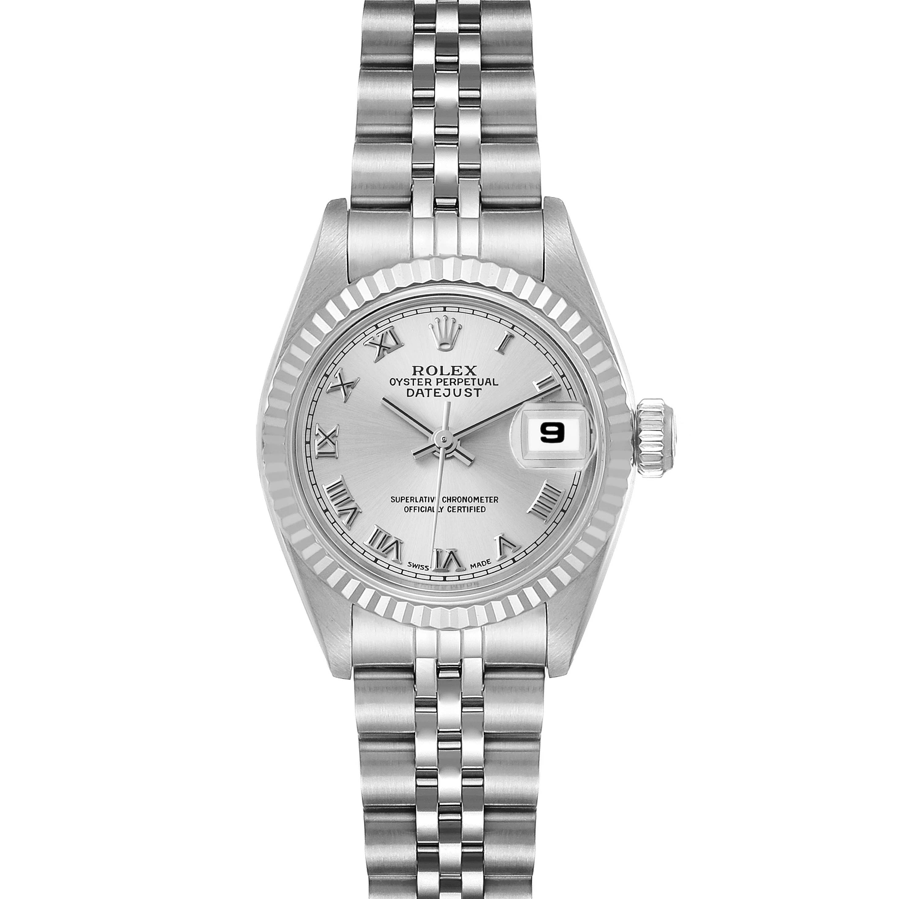 The image shows a front view of the Rolex Datejust 69174 Women's Stainless Steel Silver Dial 69174 Women's Stainless Steel Silver Dial watch, highlighting the dial, bezel, bracelet, and date window.