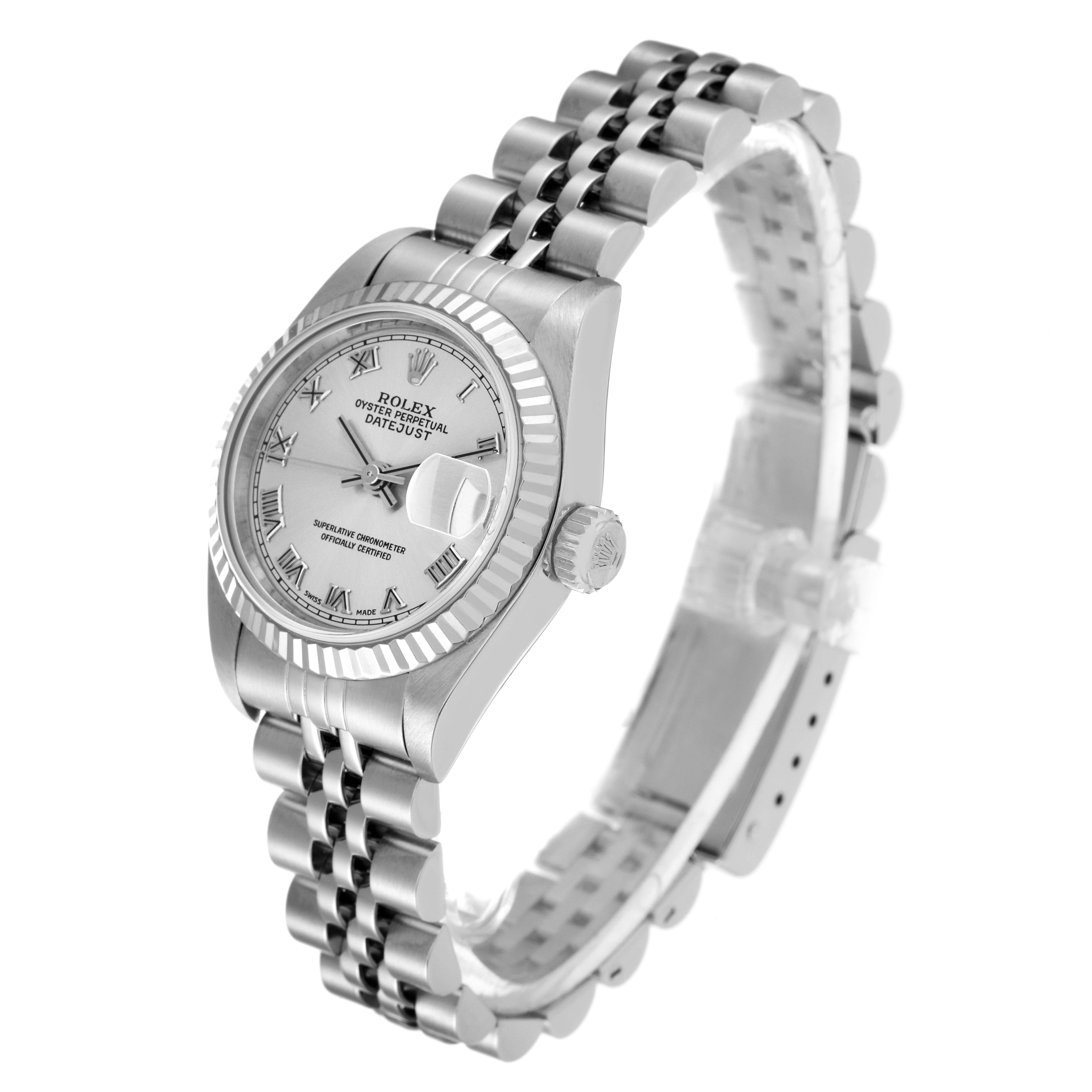 This image shows a Rolex Datejust 69174 Women's Stainless Steel Silver Dial 69174 Women's Stainless Steel Silver Dial watch angled to display the face, bezel, crown, and jubilee bracelet.