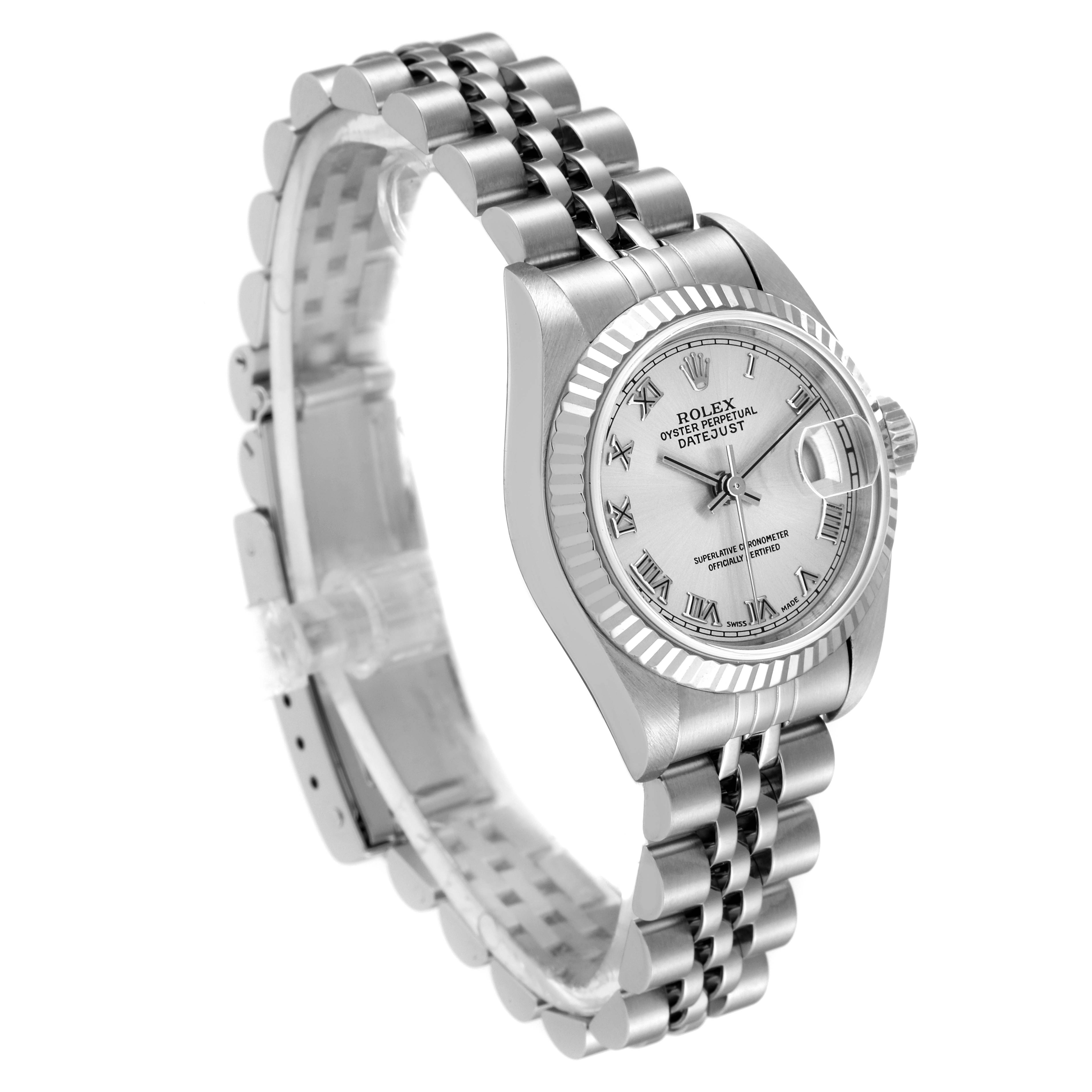 The image shows a Rolex Datejust 69174 Women's Stainless Steel Silver Dial 69174 Women's Stainless Steel Silver Dial watch from a three-quarters side angle, highlighting its silver dial and jubilee bracelet.