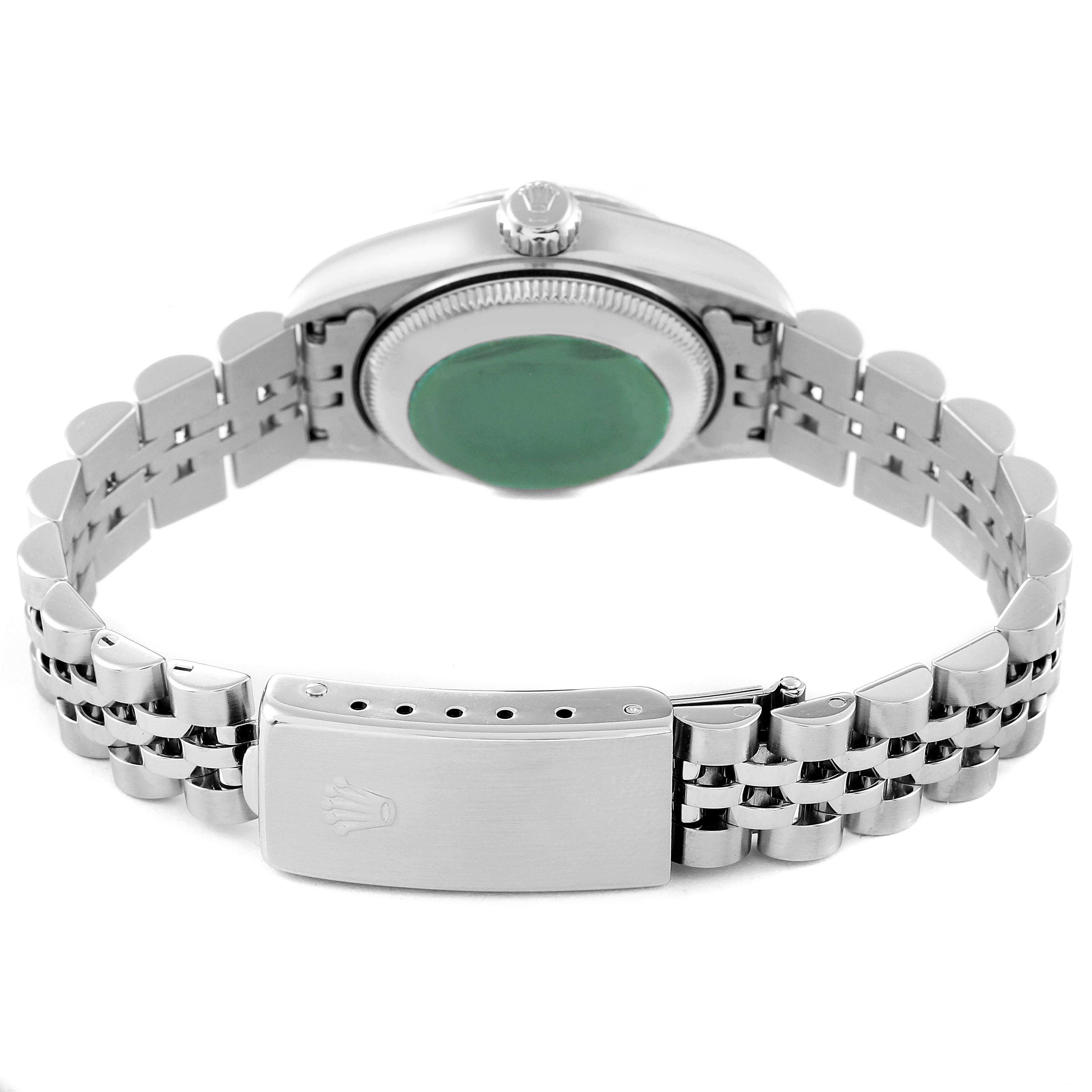 The image shows the back view of a Rolex Datejust 69174 Women's Stainless Steel Silver Dial 69174 Women's Stainless Steel Silver Dial watch, highlighting its bracelet and clasp.