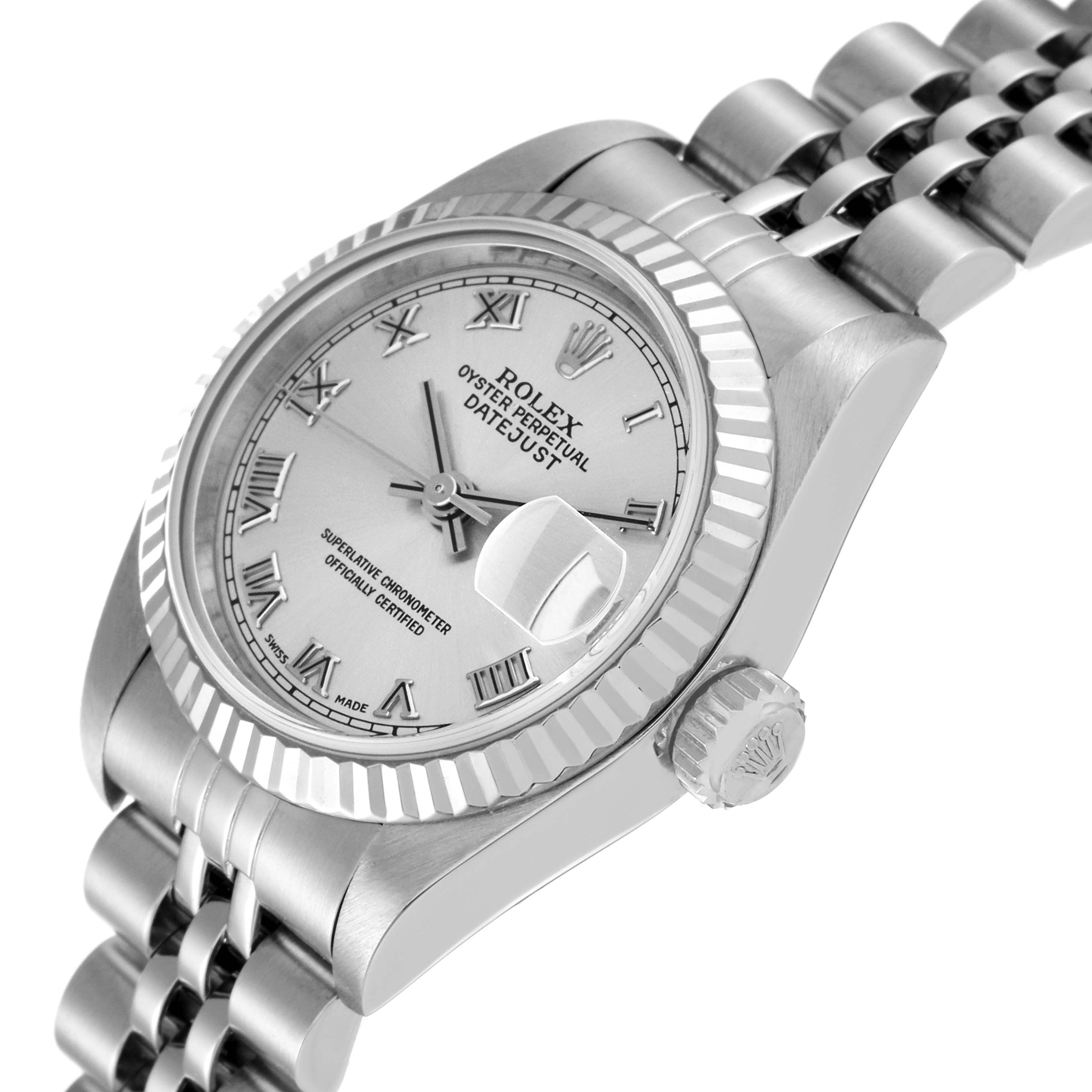 This image shows a side angle of a Rolex Datejust 69174 Women's Stainless Steel Silver Dial 69174 Women's Stainless Steel Silver Dial watch displaying the face, bezel, crown, and part of the bracelet.