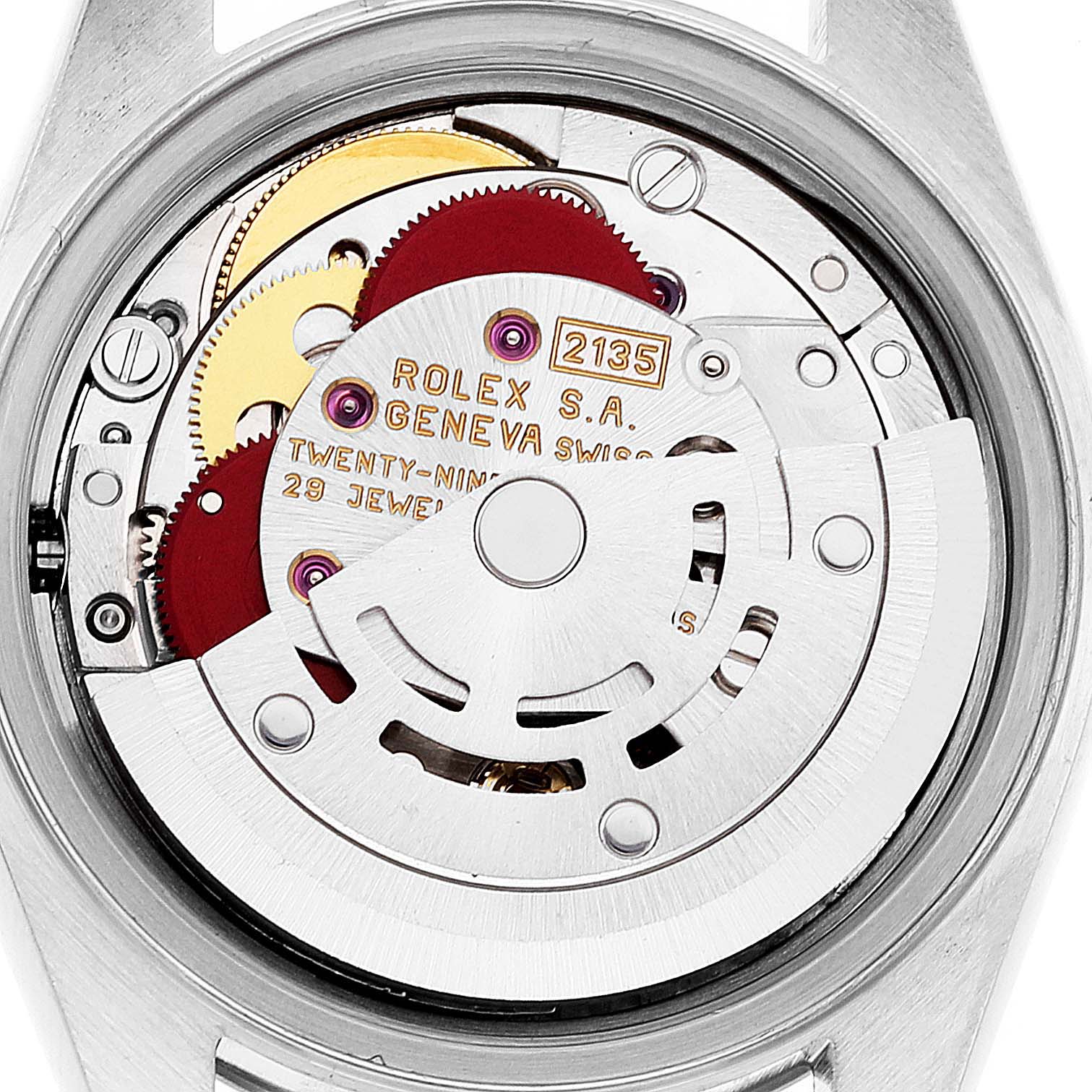 This is a close-up view of the movement mechanism inside a Rolex Datejust 69174 Women's Stainless Steel Silver Dial 69174 Women's Stainless Steel Silver Dial watch.