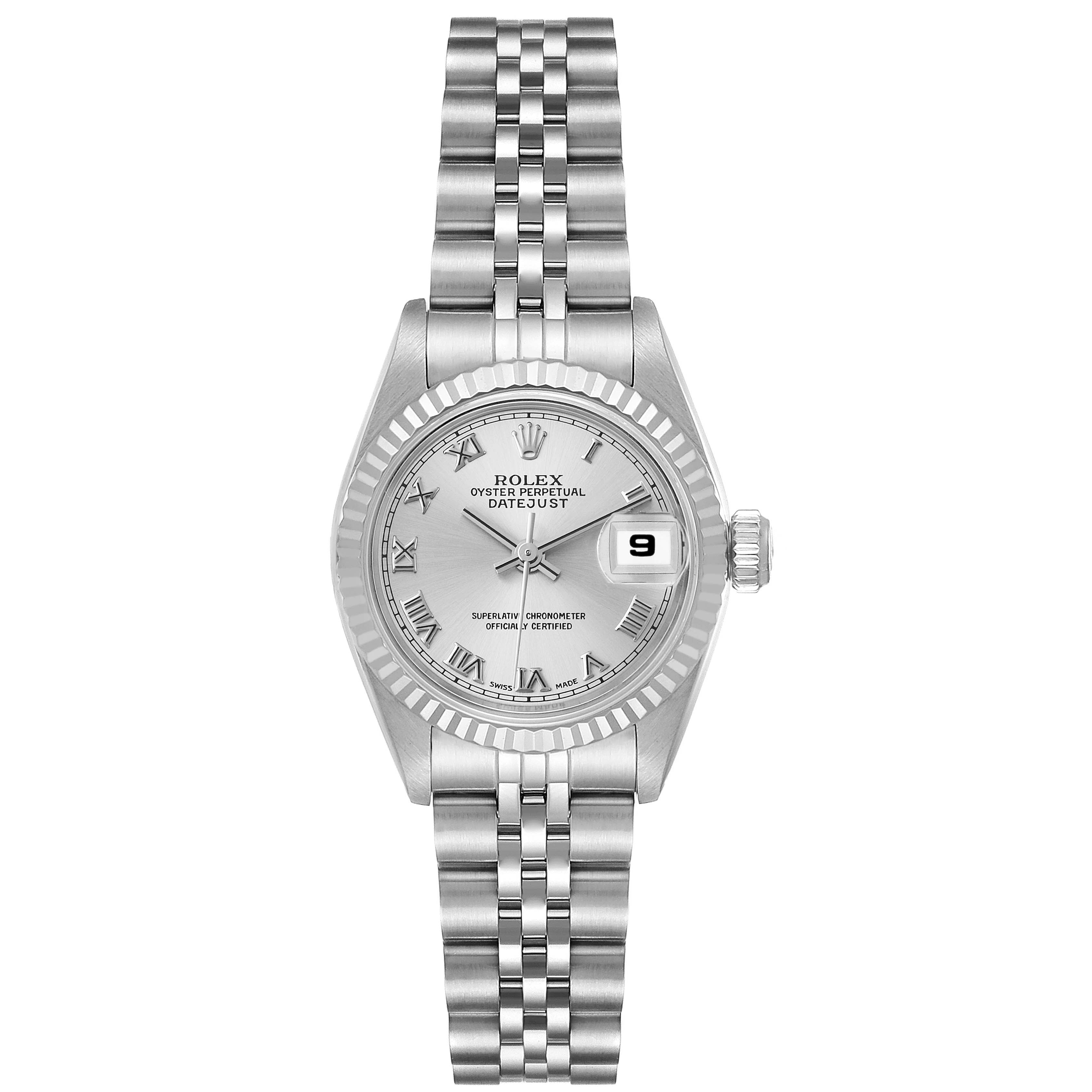 This image shows a Rolex Datejust 69174 Women's Stainless Steel Silver Dial 69174 Women's Stainless Steel Silver Dial watch from a straight-on angle, displaying the face, bezel, bracelet, and date window.