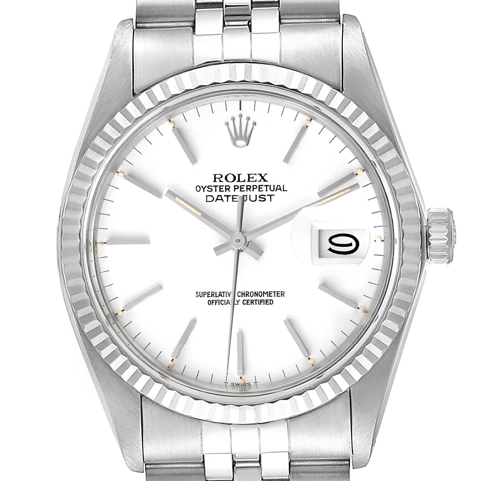 This image shows a front view of the Rolex Vintage Collection 16014 Men's Stainless Steel White Dial 16014 Men's Stainless Steel White Dial Oyster Perpetual Datejust watch with its face, bezel, bracelet, and crown visible.