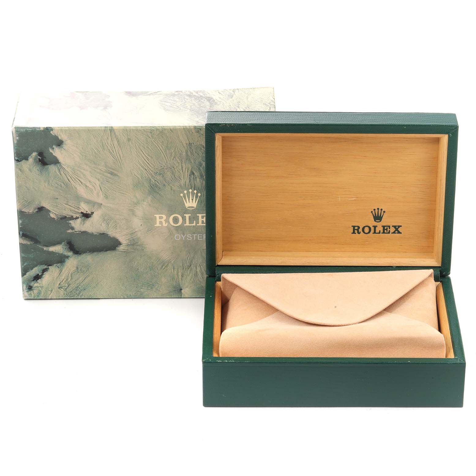 The image shows a Rolex Vintage Collection 16014 Men's Stainless Steel White Dial 16014 Men's Stainless Steel White Dial watch box, including an outer box, inner wooden box, and a beige pouch.