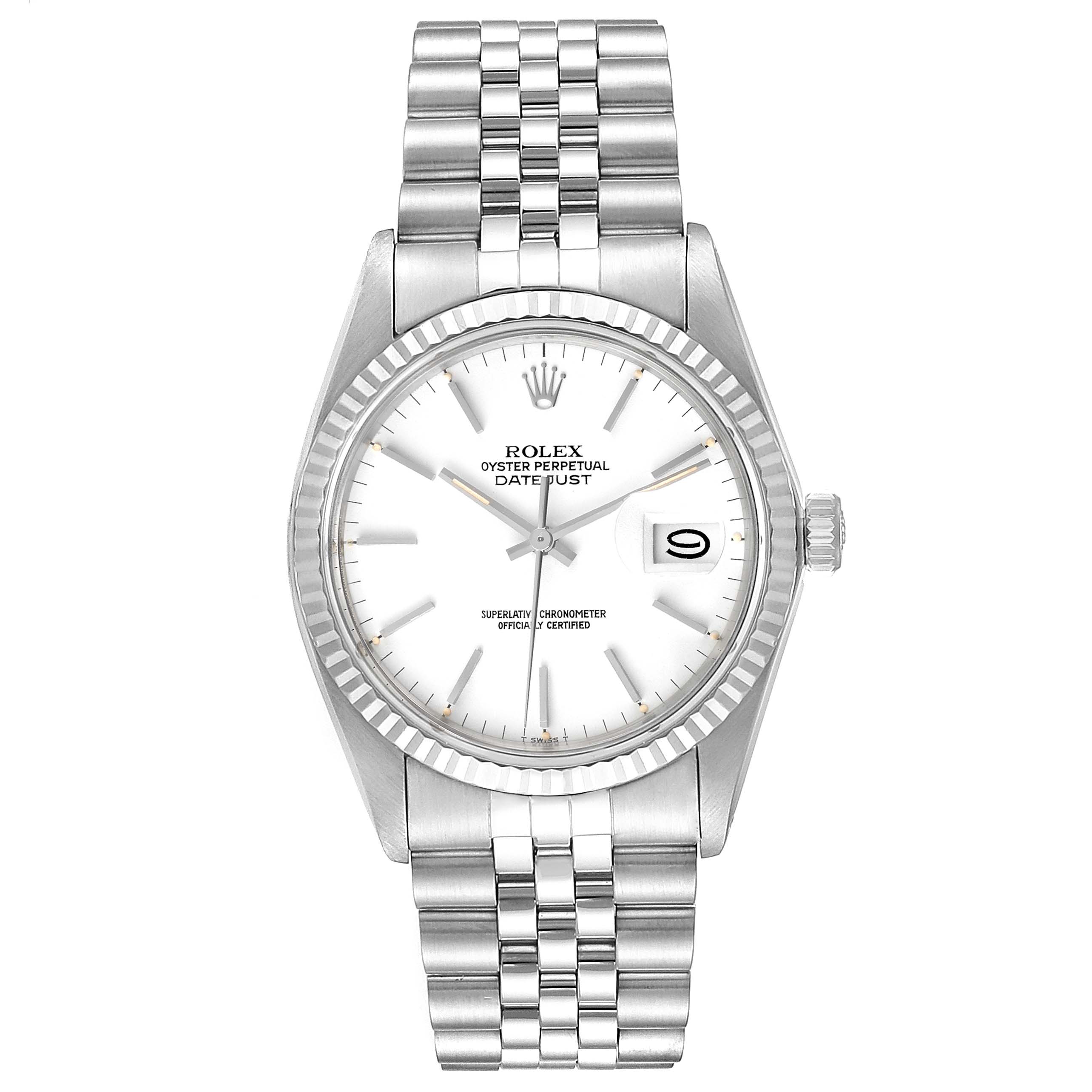 The image shows a front view of the Rolex Vintage Collection 16014 Men's Stainless Steel White Dial 16014 Men's Stainless Steel White Dial model watch, highlighting the face, band, and date display.