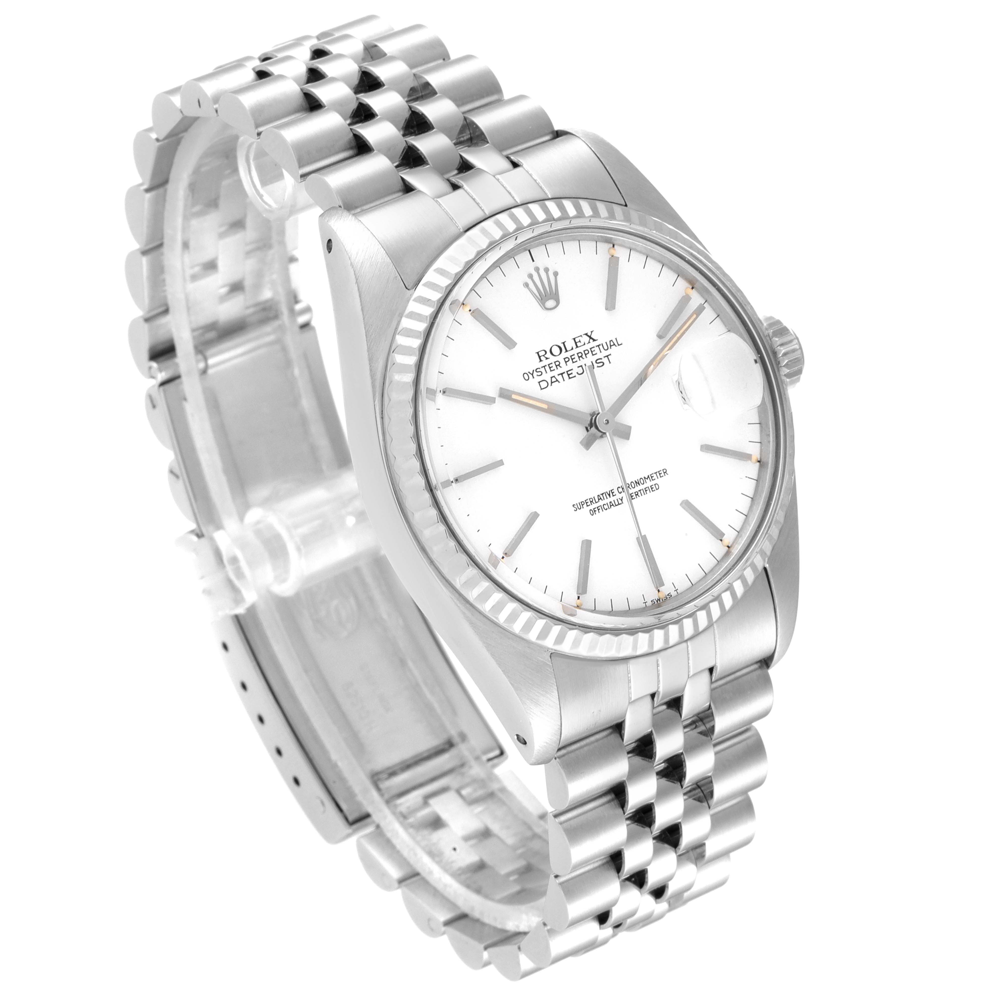 The Rolex Vintage Collection 16014 Men's Stainless Steel White Dial 16014 Men's Stainless Steel White Dial model watch is shown at an angle, highlighting the white dial, stainless steel bracelet, and bezel.