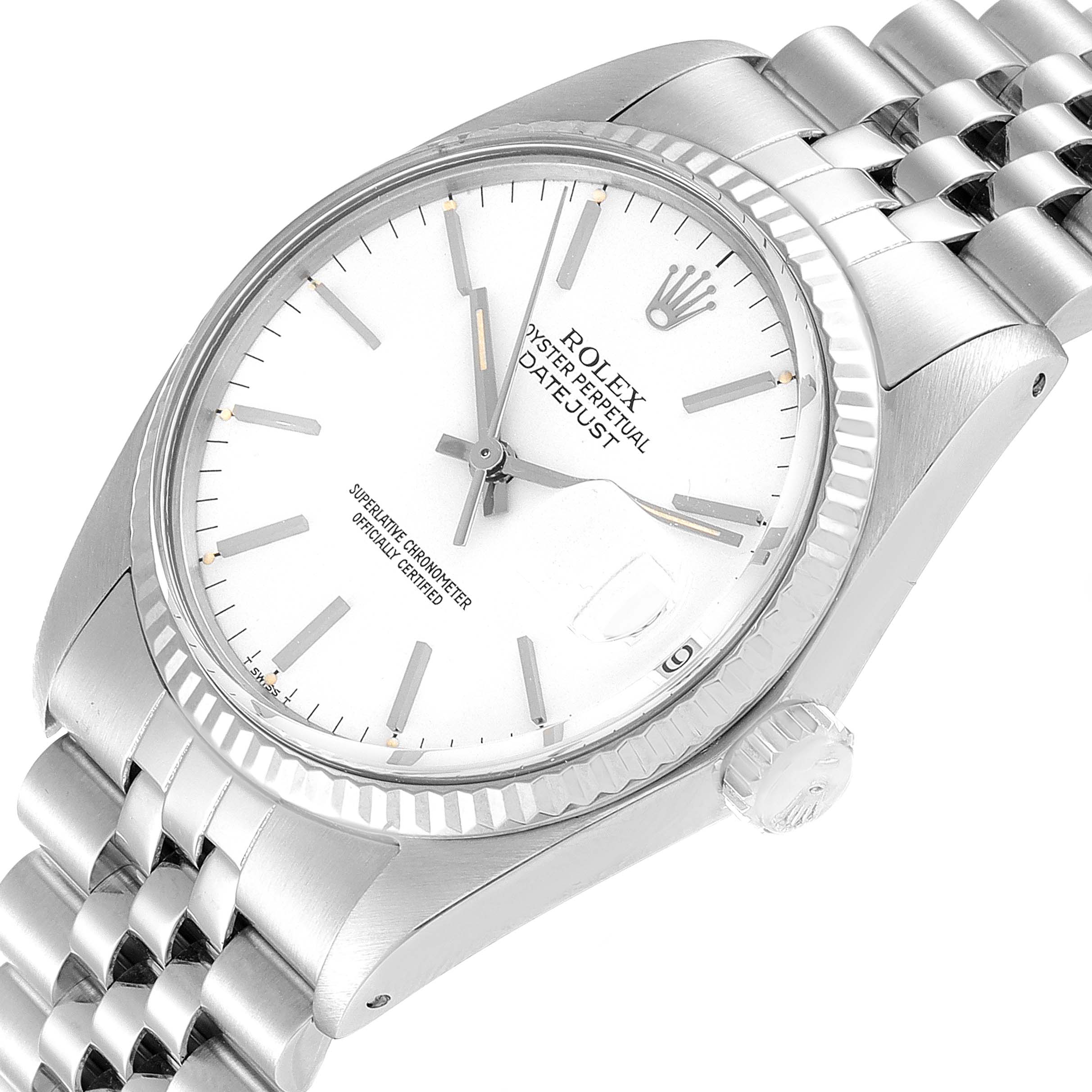 The watch is shown from a top and slightly angled view, highlighting the face, bezel, crown, and part of the bracelet of the Rolex Vintage Collection 16014 Men's Stainless Steel White Dial 16014 Men's Stainless Steel White Dial model.