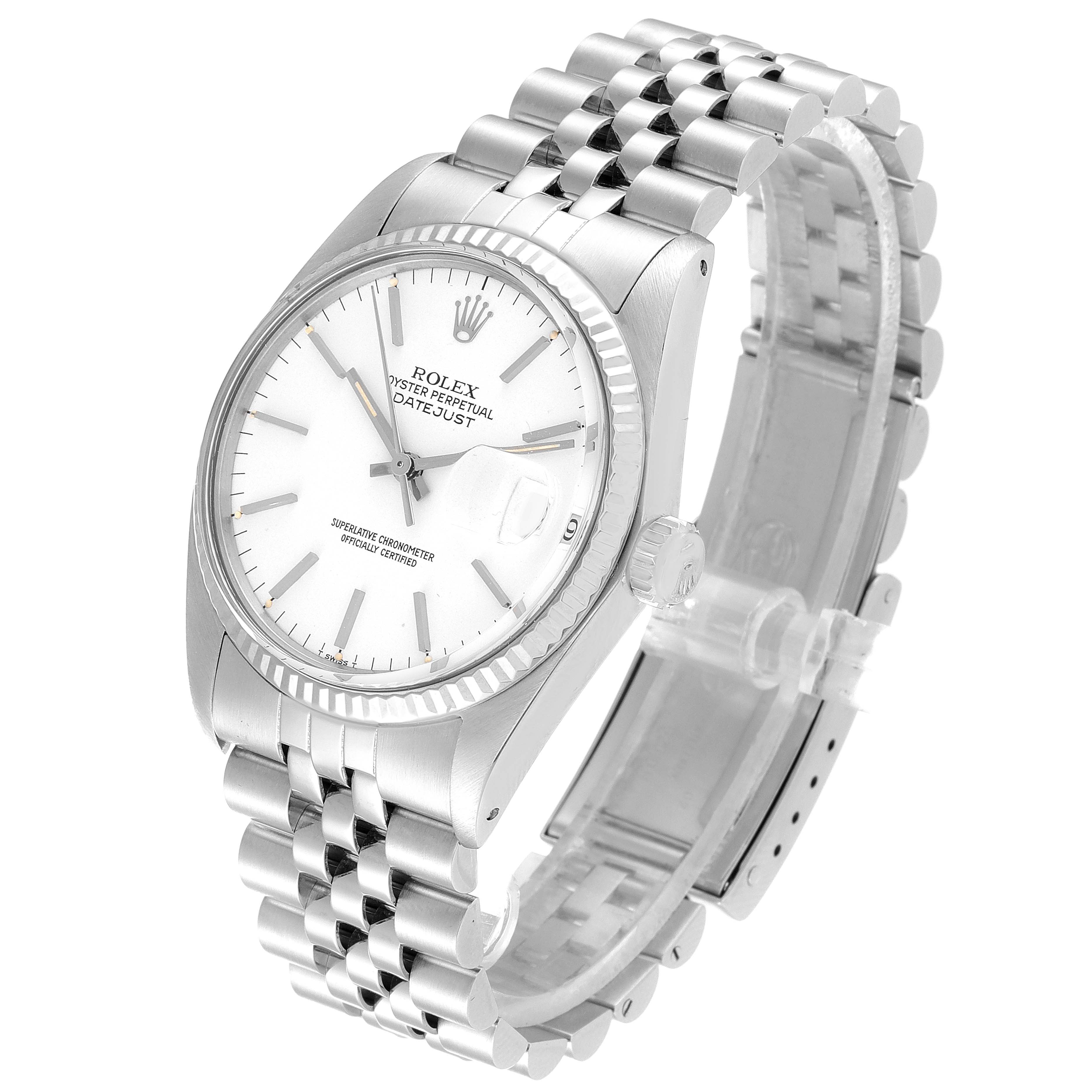 This is a Rolex Vintage Collection 16014 Men's Stainless Steel White Dial 16014 Men's Stainless Steel White Dial Datejust watch shown from a three-quarter angle, displaying its bracelet, dial, and crown.