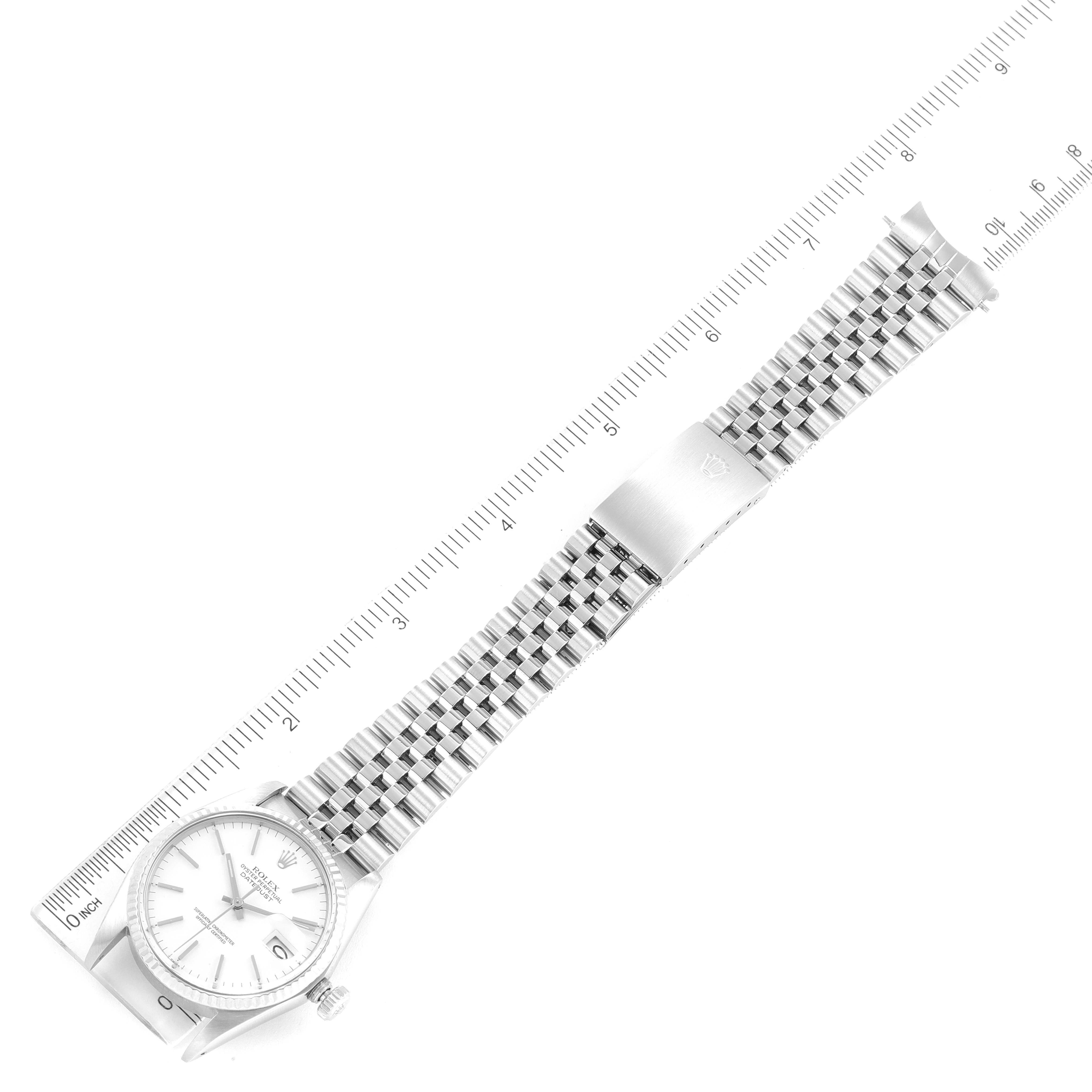 The image shows a Rolex Vintage Collection 16014 Men's Stainless Steel White Dial 16014 Men's Stainless Steel White Dial watch laid flat with its band extended and measured by a ruler.