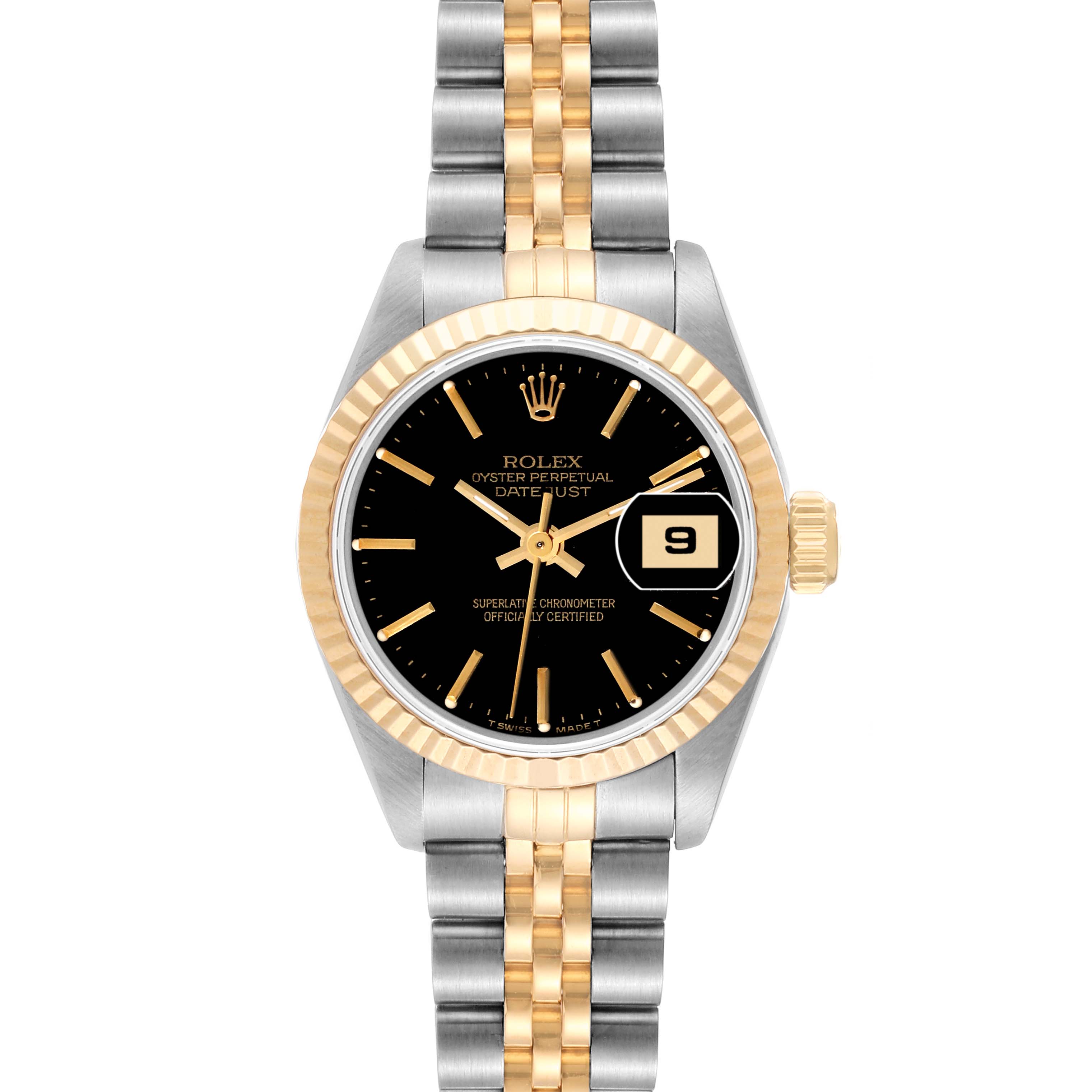 This image shows a front view of the Rolex Datejust 69173 Women's Steel and Gold (two tone) Black Dial 69173 Women's Steel and Gold (two tone) Black Dial watch, highlighting the dial, bezel, crown, and bracelet.