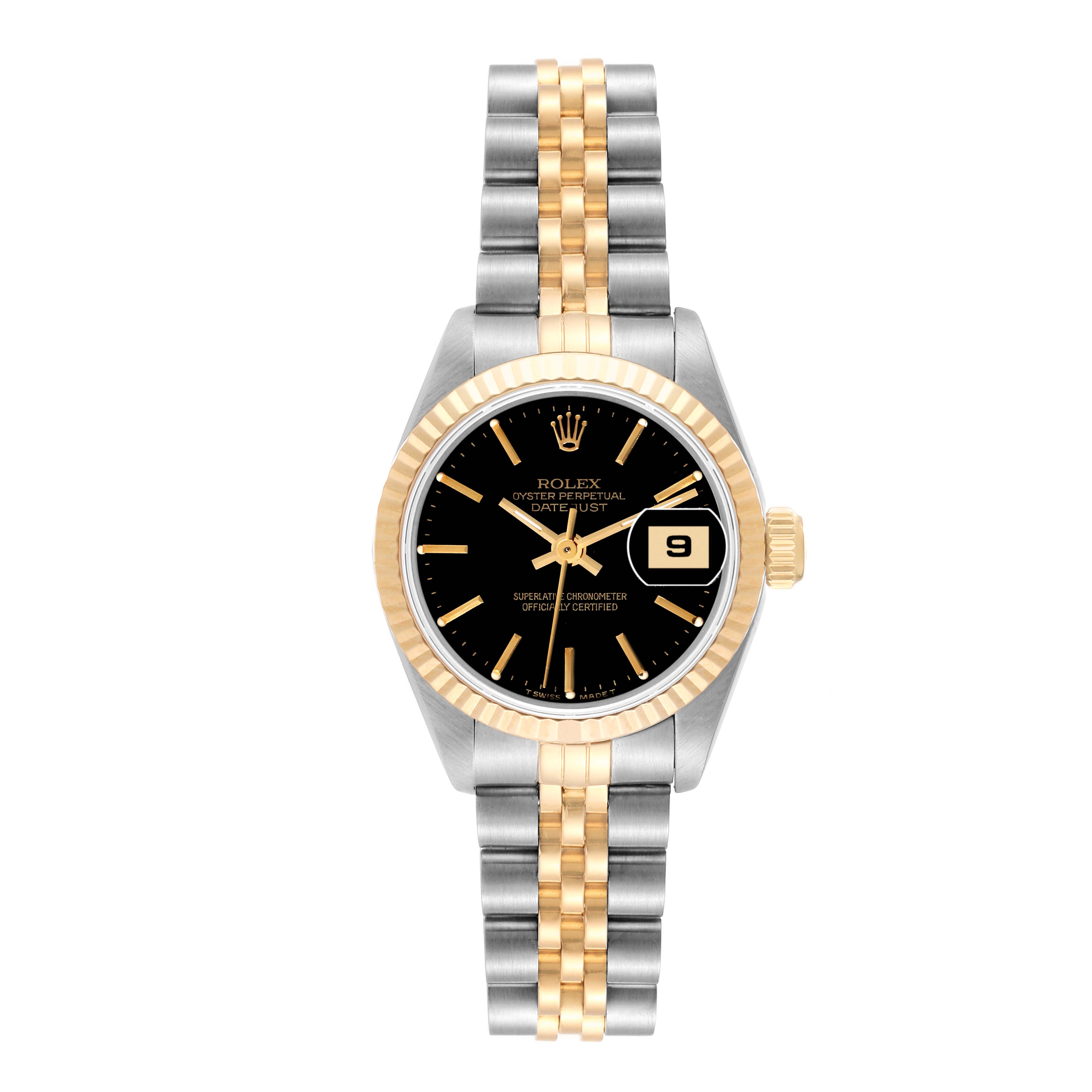 The image shows a front view of a Rolex Datejust 69173 Women's Steel and Gold (two tone) Black Dial 69173 Women's Steel and Gold (two tone) Black Dial watch, featuring a gold and stainless steel bracelet, and a black dial with a date display.