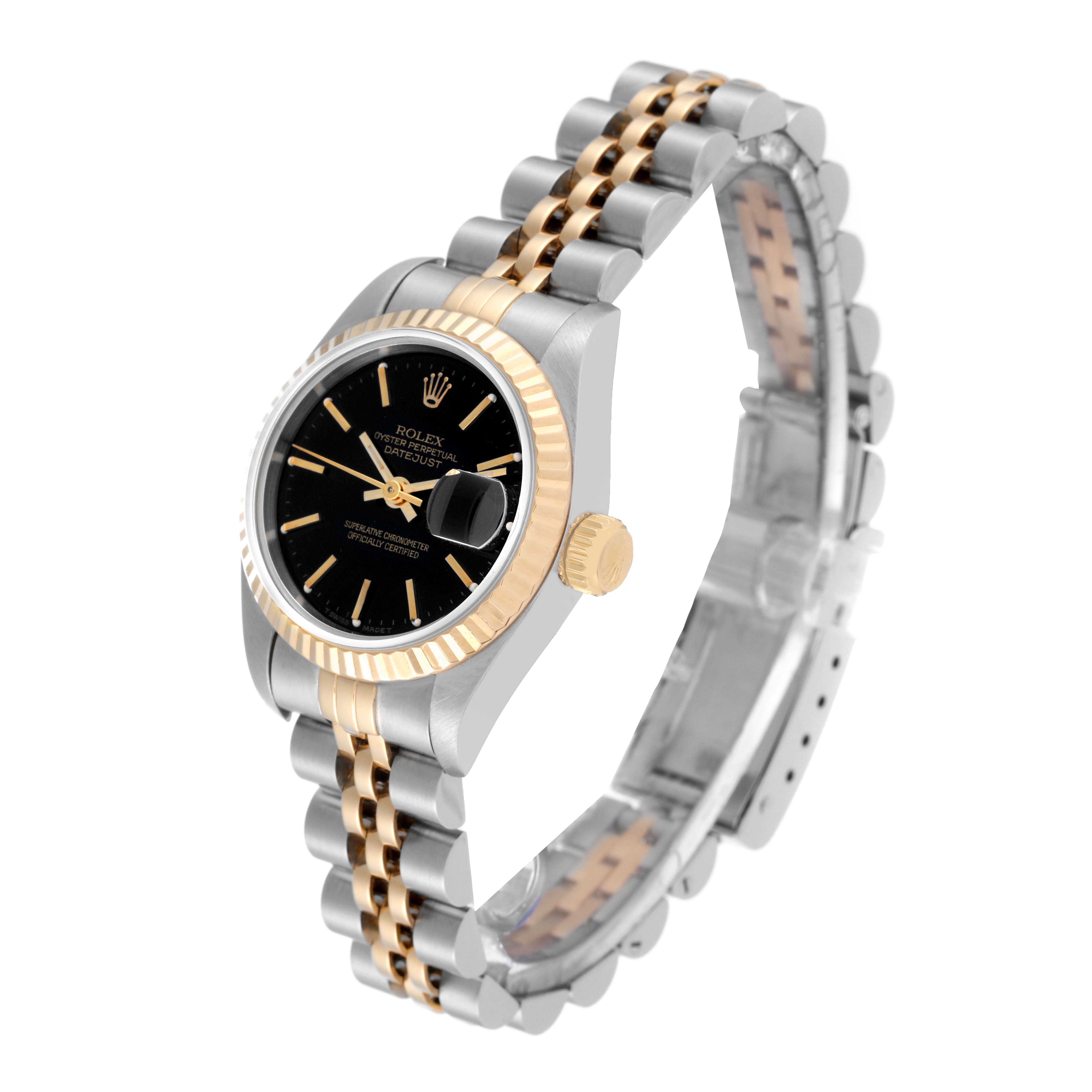 The Rolex Datejust 69173 Women's Steel and Gold (two tone) Black Dial 69173 Women's Steel and Gold (two tone) Black Dial watch is shown from a three-quarter angle, highlighting its face, bezel, crown, and bracelet.