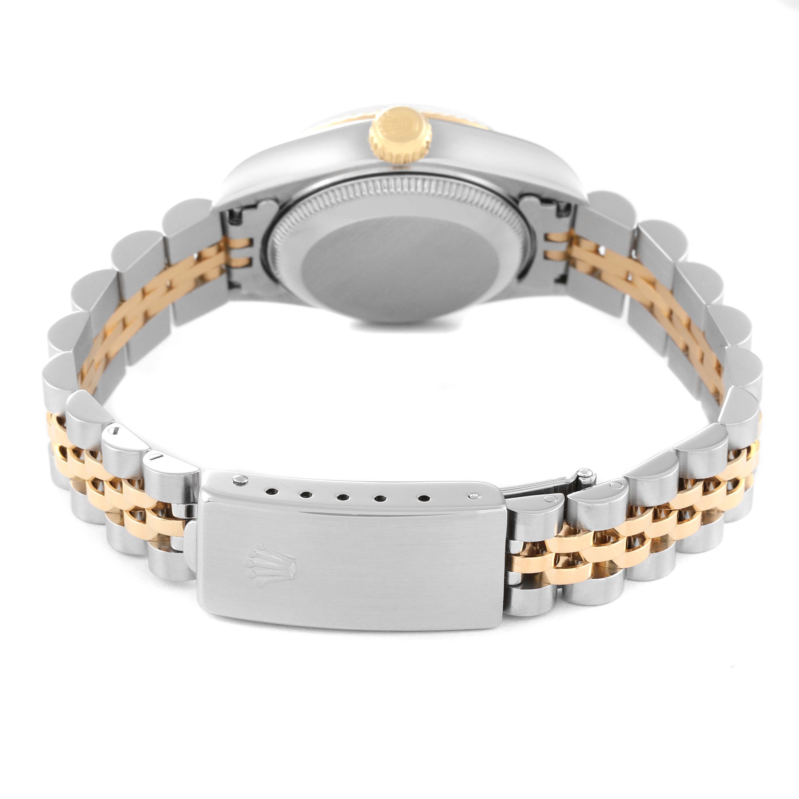 The image shows the back and clasp of a Rolex Datejust 69173 Women's Steel and Gold (two tone) Black Dial 69173 Women's Steel and Gold (two tone) Black Dial watch with its two-tone bracelet laid flat.