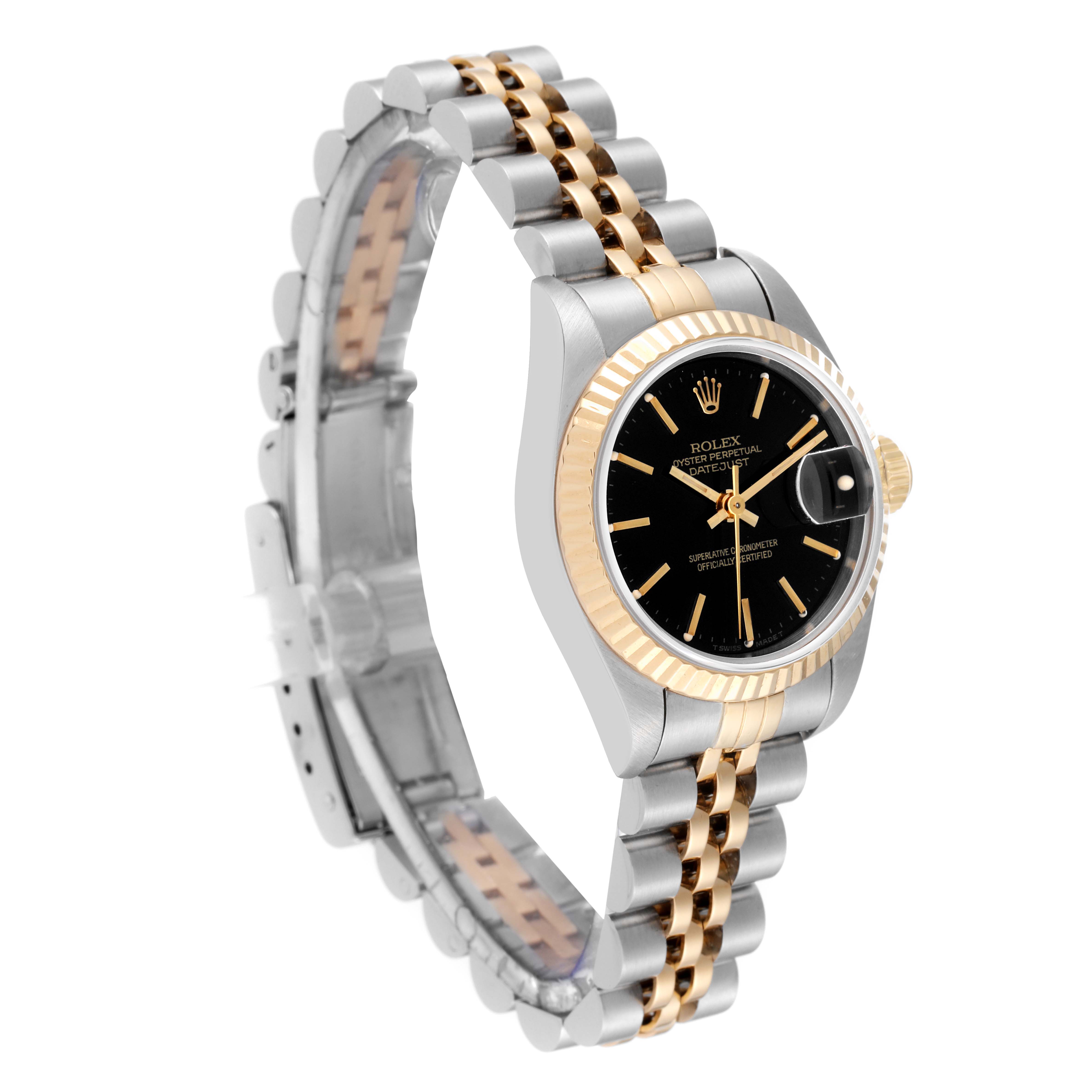 This image shows a side view of a Rolex Datejust 69173 Women's Steel and Gold (two tone) Black Dial 69173 Women's Steel and Gold (two tone) Black Dial watch, highlighting its two-tone bracelet and black dial.