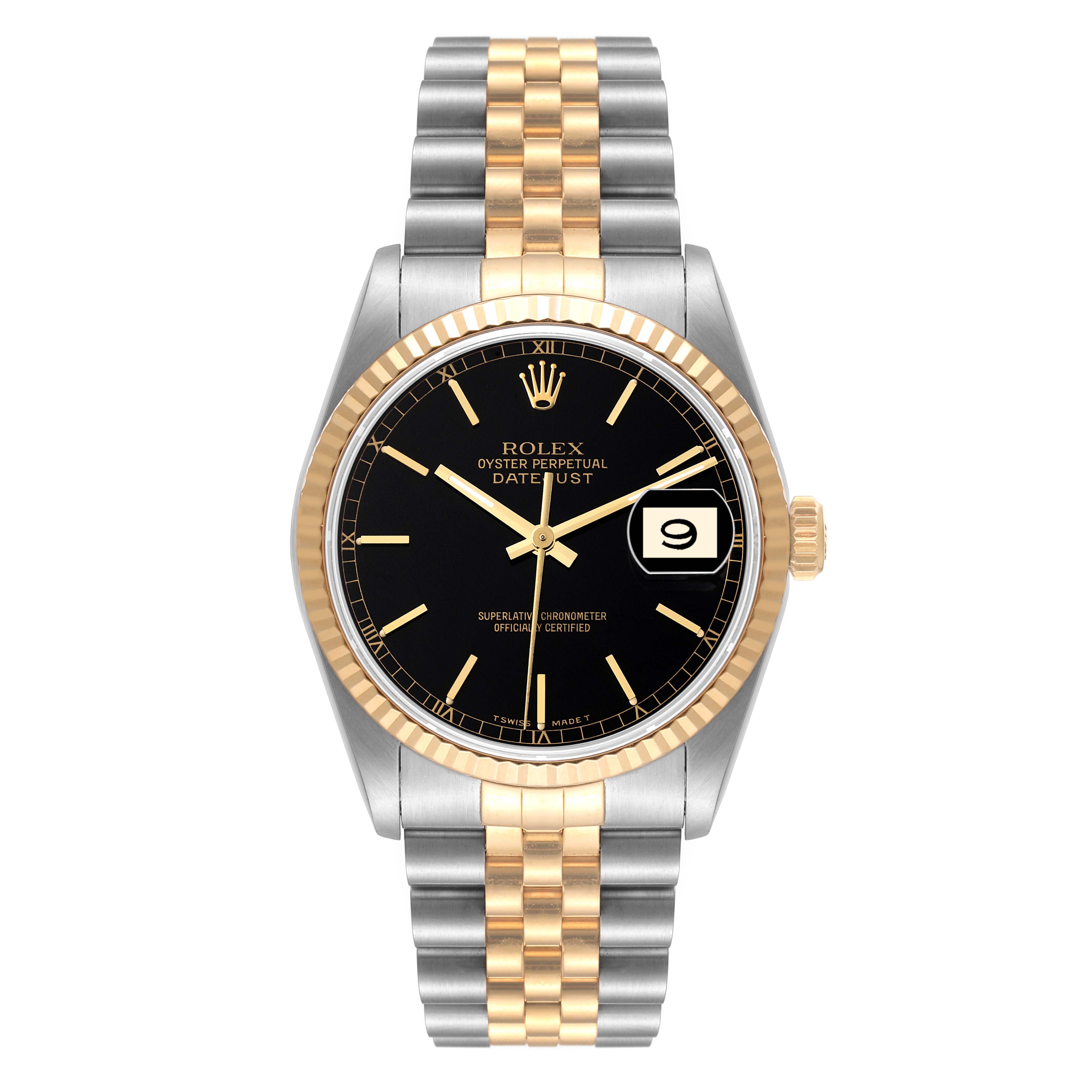 This image shows the front view of a Rolex Datejust 16233 Men's Steel and Gold (two tone) Black Dial 16233 Men's Steel and Gold (two tone) Black Dial watch, showcasing its dial, bezel, and bracelet.