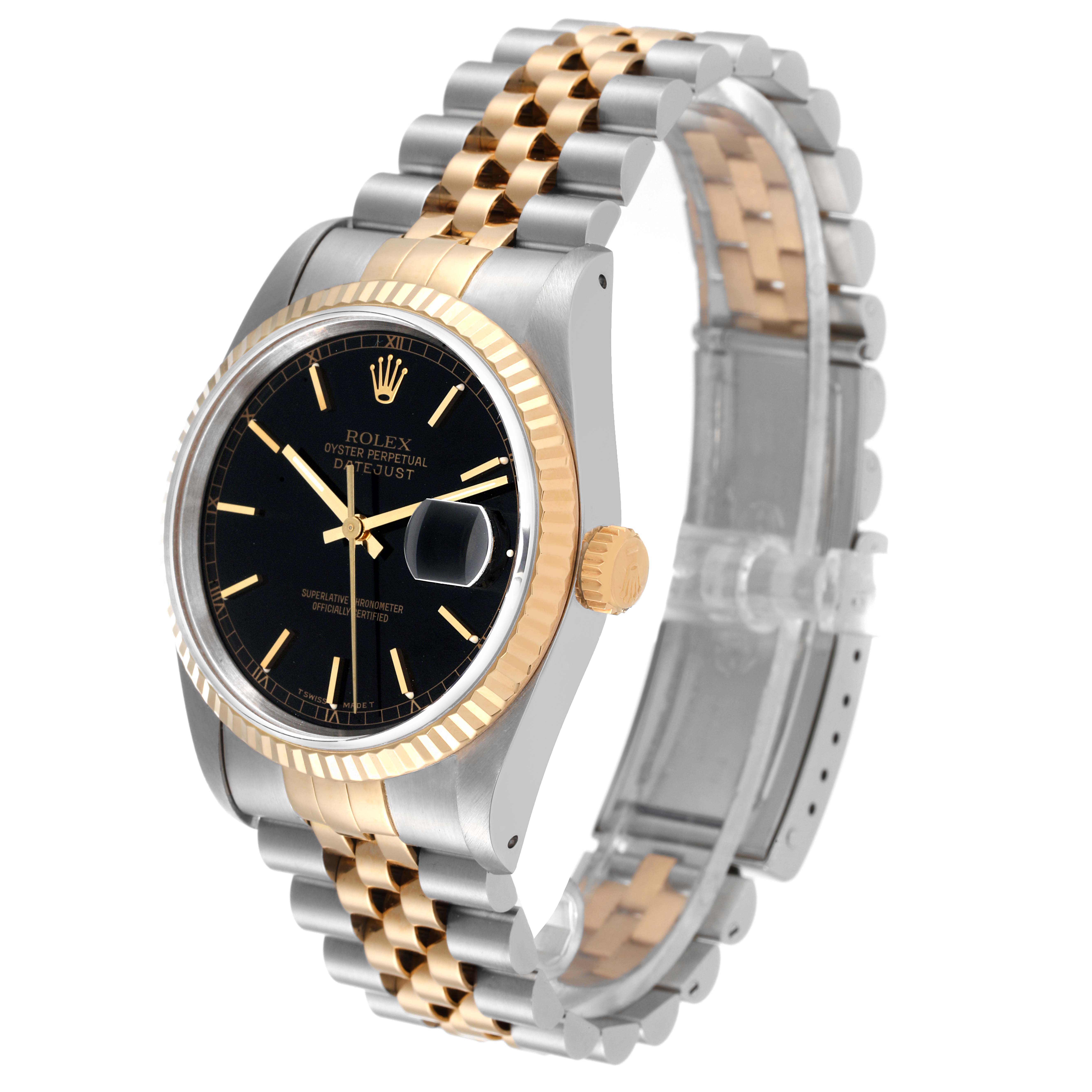 The Rolex Datejust 16233 Men's Steel and Gold (two tone) Black Dial 16233 Men's Steel and Gold (two tone) Black Dial watch is shown at a three-quarter angle, highlighting its black dial, fluted bezel, and two-tone bracelet.