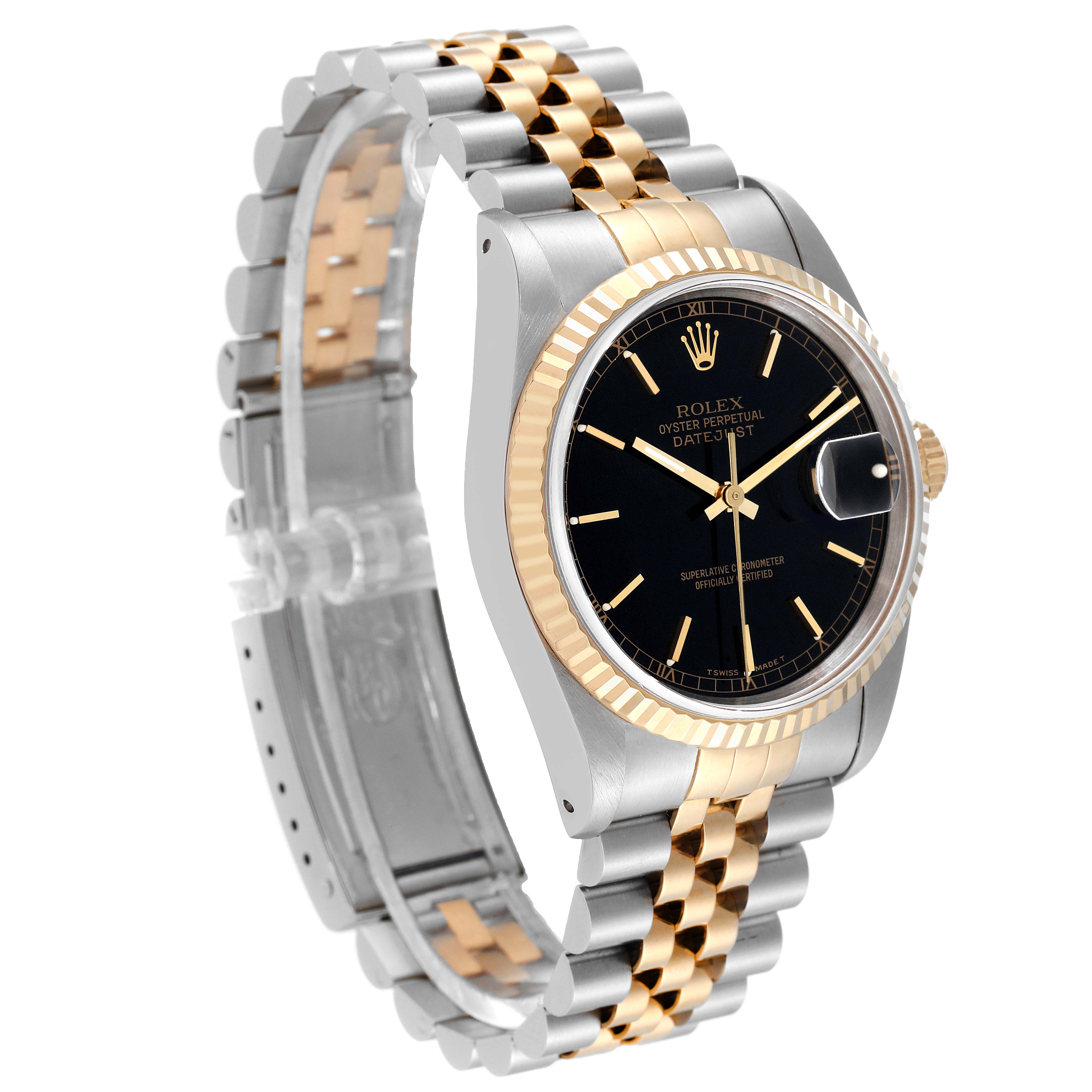 The image shows a side angle of a Rolex Datejust 16233 Men's Steel and Gold (two tone) Black Dial 16233 Men's Steel and Gold (two tone) Black Dial watch, displaying the black dial, two-tone jubilee bracelet, and fluted bezel.