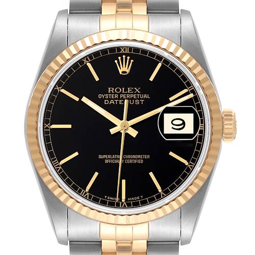 This image shows a frontal view of the Rolex Datejust watch, highlighting its dial, bezel, and part of the bracelet.