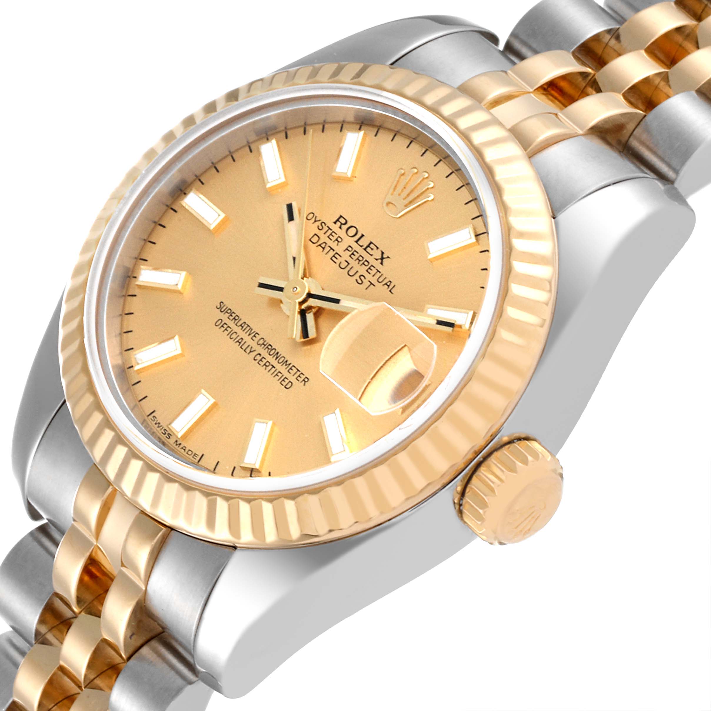 The image shows a close-up of the Rolex Datejust 179173 Women's Steel and Gold (two tone) Champagne Dial 179173 Women's Steel and Gold (two tone) Champagne Dial watch, highlighting the dial, bezel, crown, and part of the bracelet at an angled view.