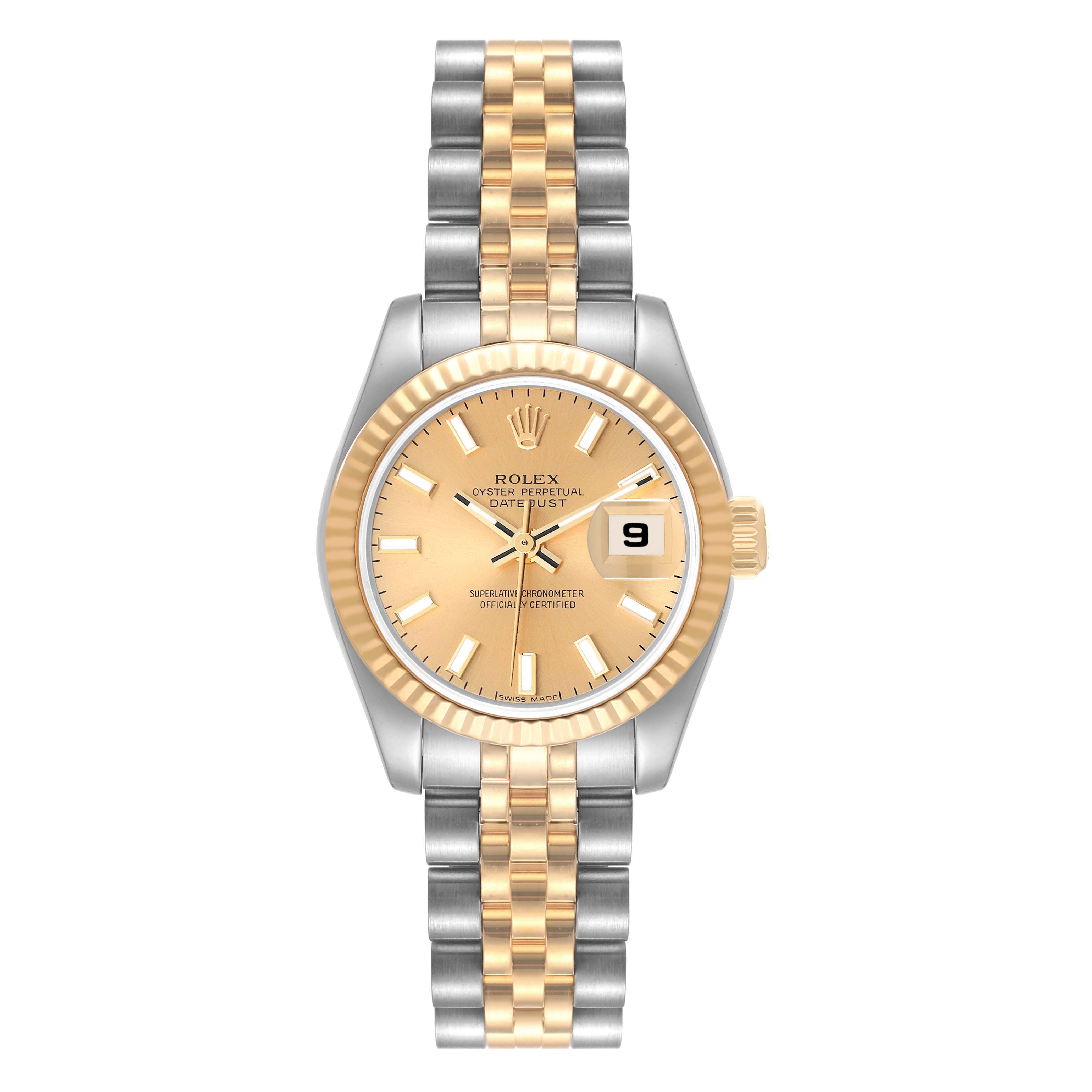The image shows a front view of the Rolex Datejust 179173 Women's Steel and Gold (two tone) Champagne Dial 179173 Women's Steel and Gold (two tone) Champagne Dial watch, highlighting its dial, bezel, bracelet, and date window.