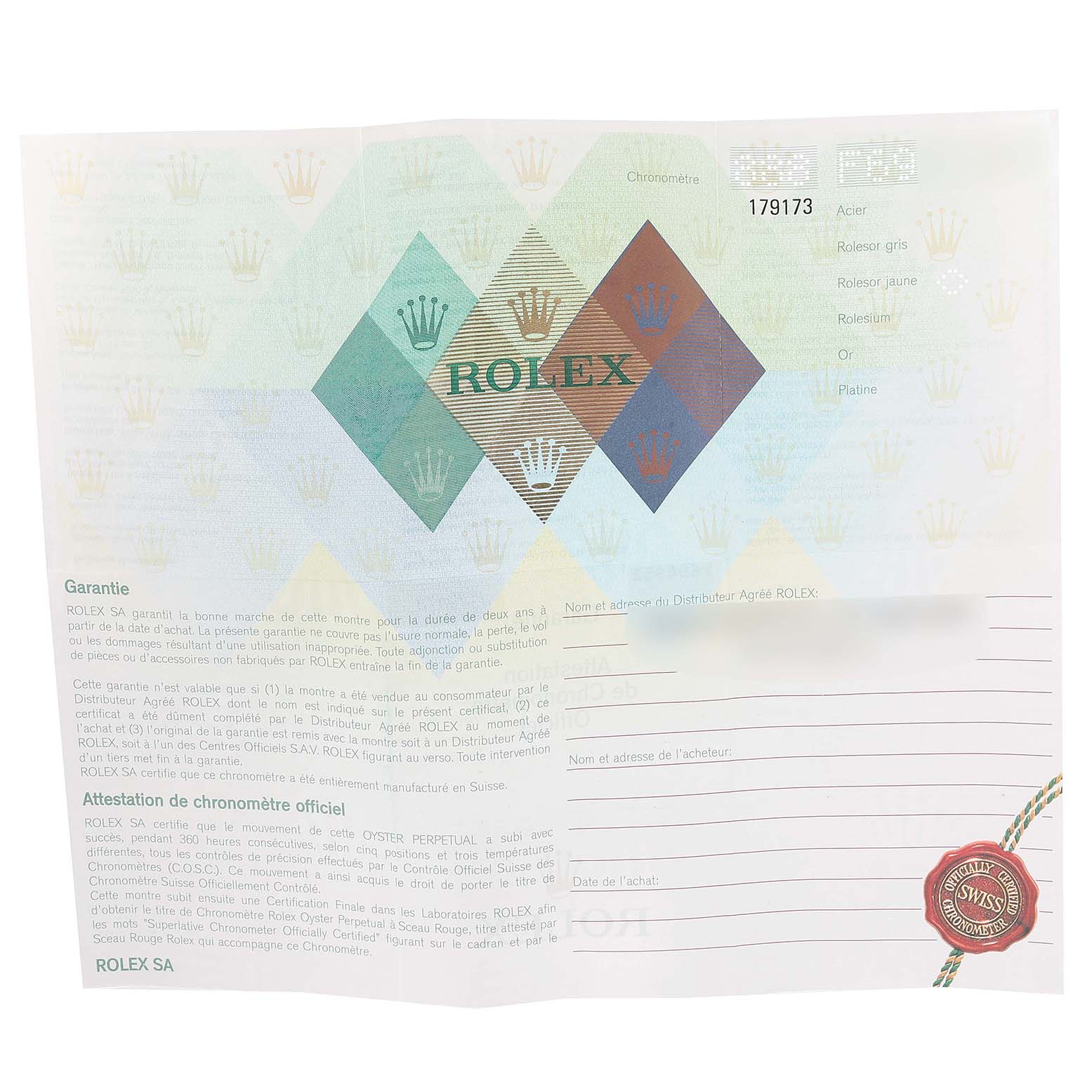 This image shows the warranty card for the Rolex Datejust 179173 Women's Steel and Gold (two tone) Champagne Dial 179173 Women's Steel and Gold (two tone) Champagne Dial model.