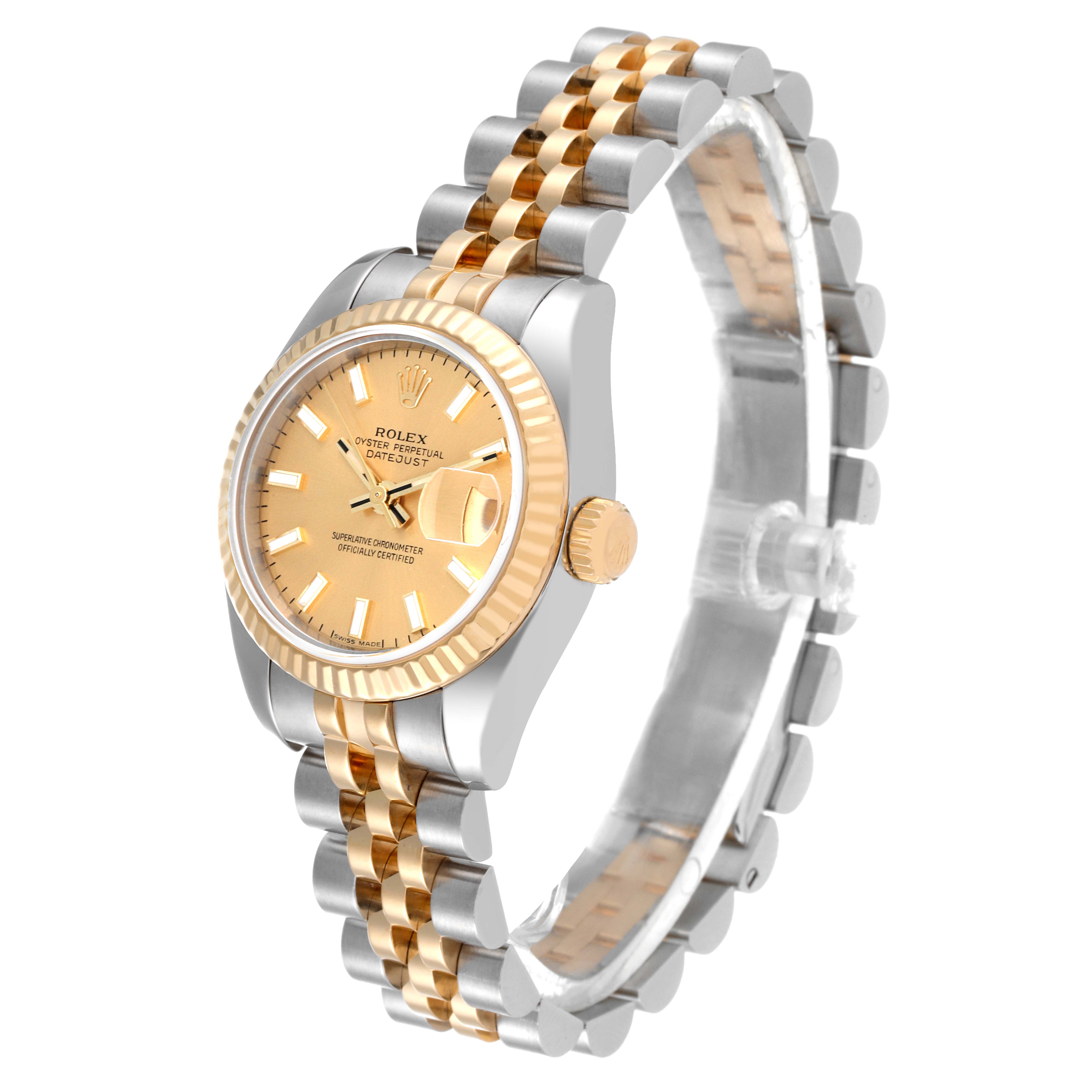 The Rolex Datejust 179173 Women's Steel and Gold (two tone) Champagne Dial 179173 Women's Steel and Gold (two tone) Champagne Dial watch is shown at an angled side view, highlighting the dial, fluted bezel, and two-tone bracelet.