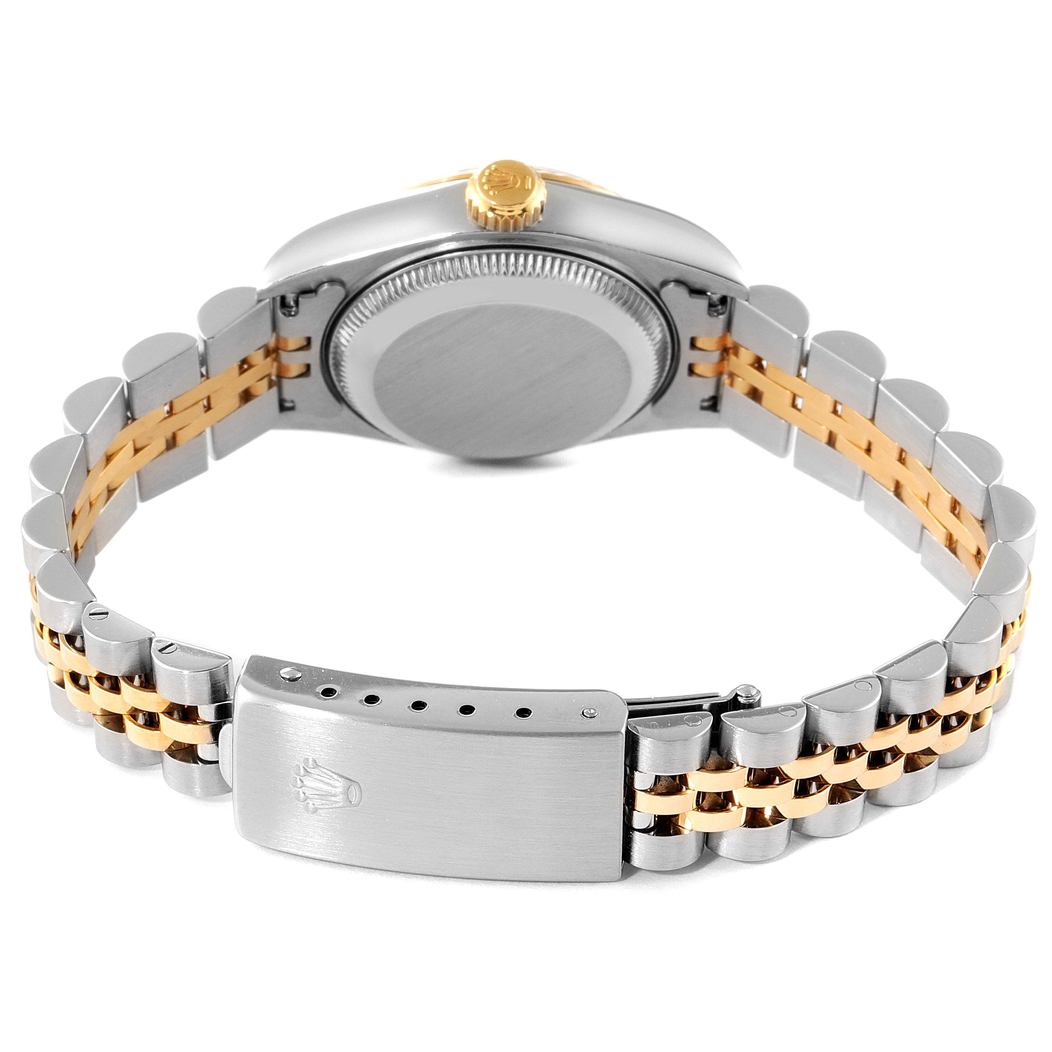 The image shows the case back, crown, and bracelet with the clasp of a Rolex Datejust 69173 Women's Steel and Gold (two tone) Champagne Dial 69173 Women's Steel and Gold (two tone) Champagne Dial watch from the rear angle.