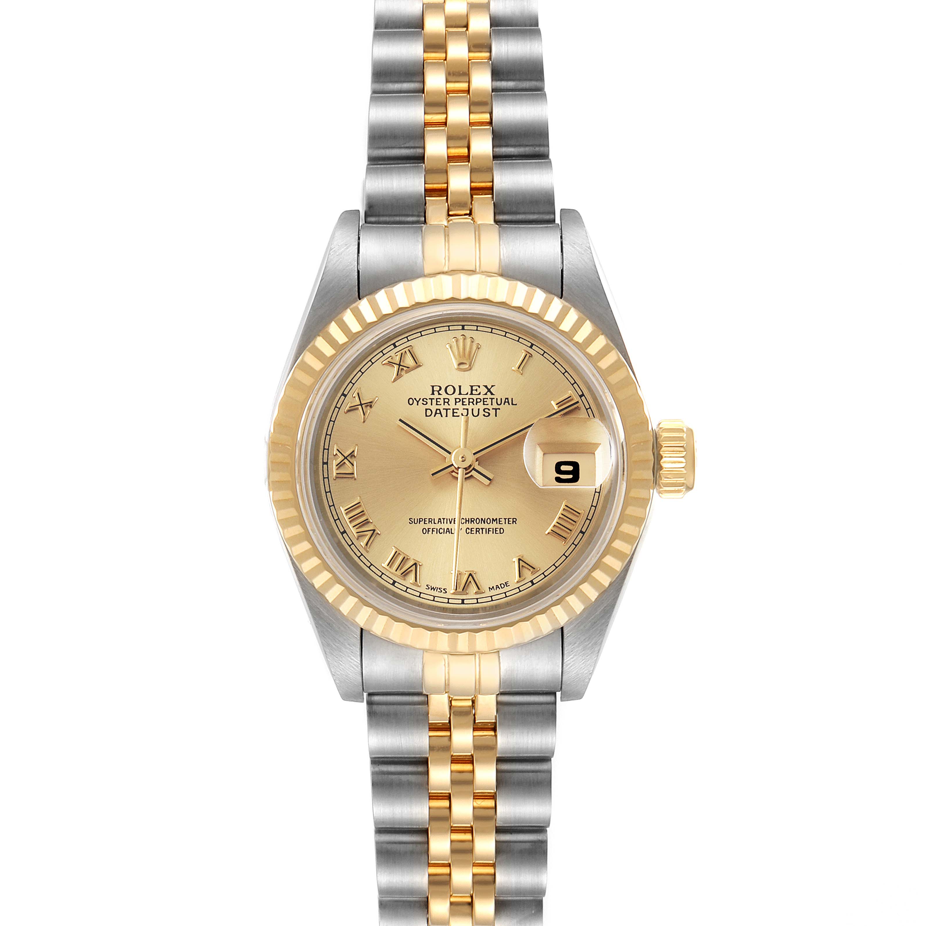 This image shows a front-facing view of the Rolex Datejust 69173 Women's Steel and Gold (two tone) Champagne Dial 69173 Women's Steel and Gold (two tone) Champagne Dial watch, highlighting its dial, bezel, and bracelet.