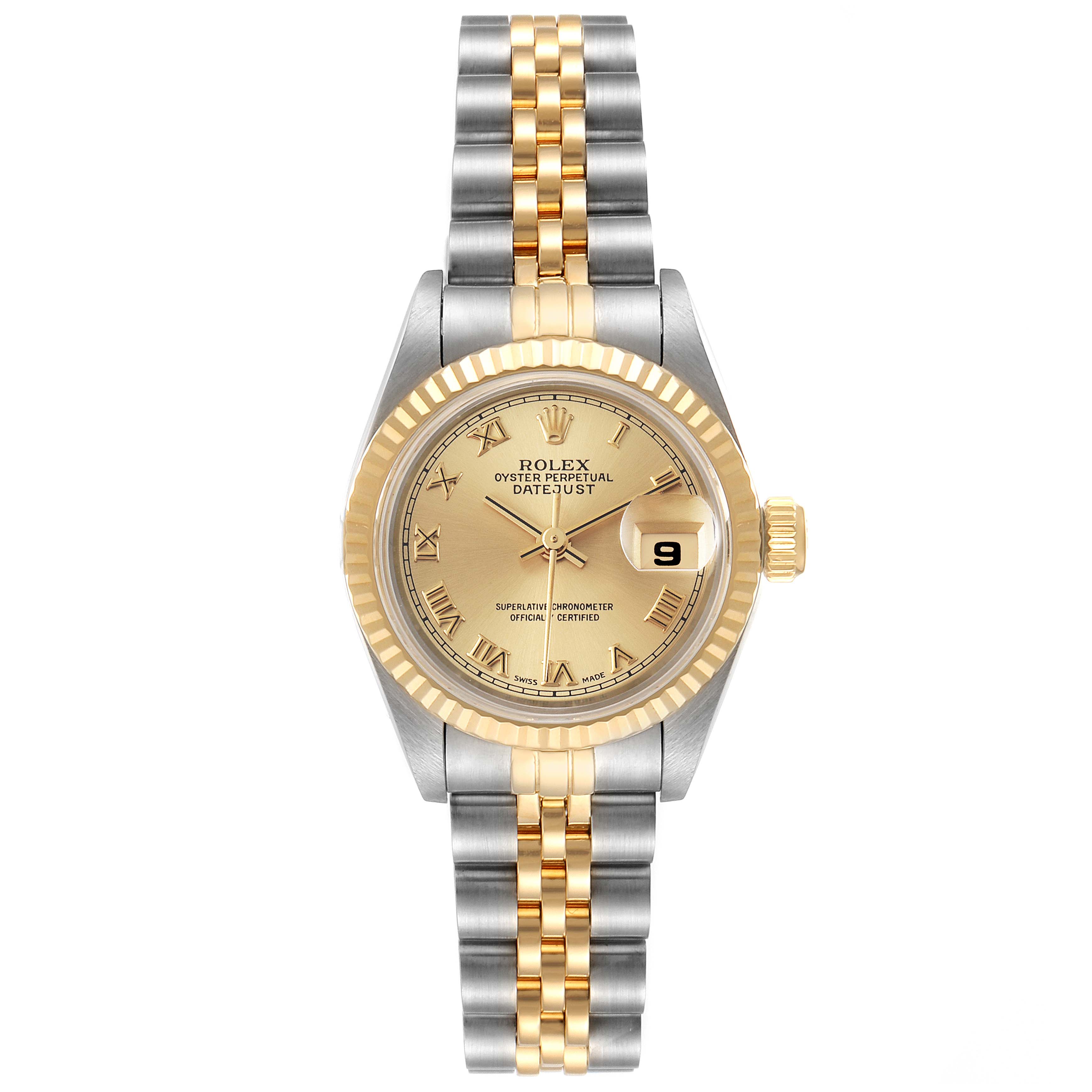 The image shows a frontal view of a Rolex Datejust 69173 Women's Steel and Gold (two tone) Champagne Dial 69173 Women's Steel and Gold (two tone) Champagne Dial watch, featuring a two-tone bracelet with a gold and silver finish.