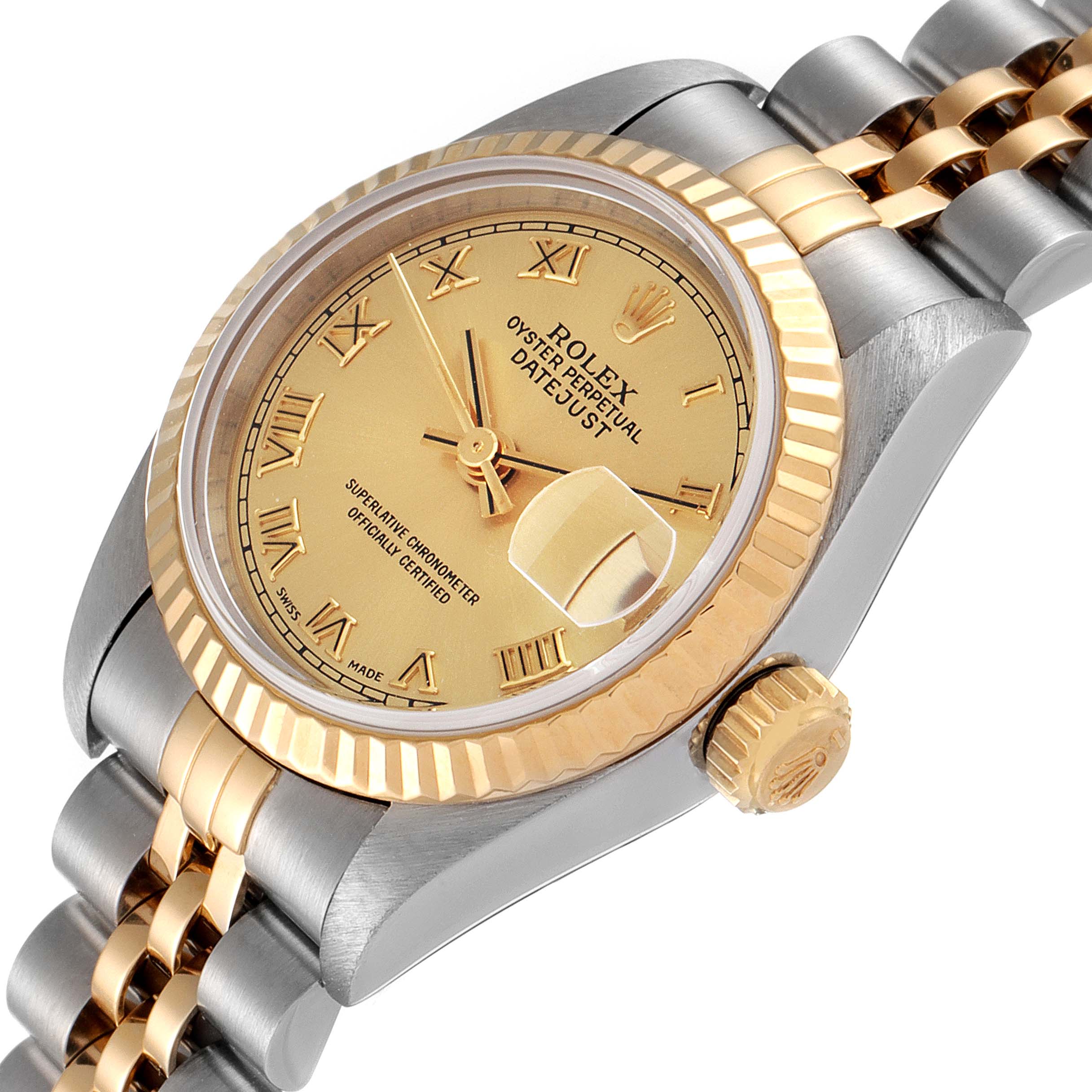 The image shows a Rolex Datejust 69173 Women's Steel and Gold (two tone) Champagne Dial 69173 Women's Steel and Gold (two tone) Champagne Dial watch angled to display its fluted bezel, crown, two-tone bracelet, and gold-colored dial with Roman numerals.