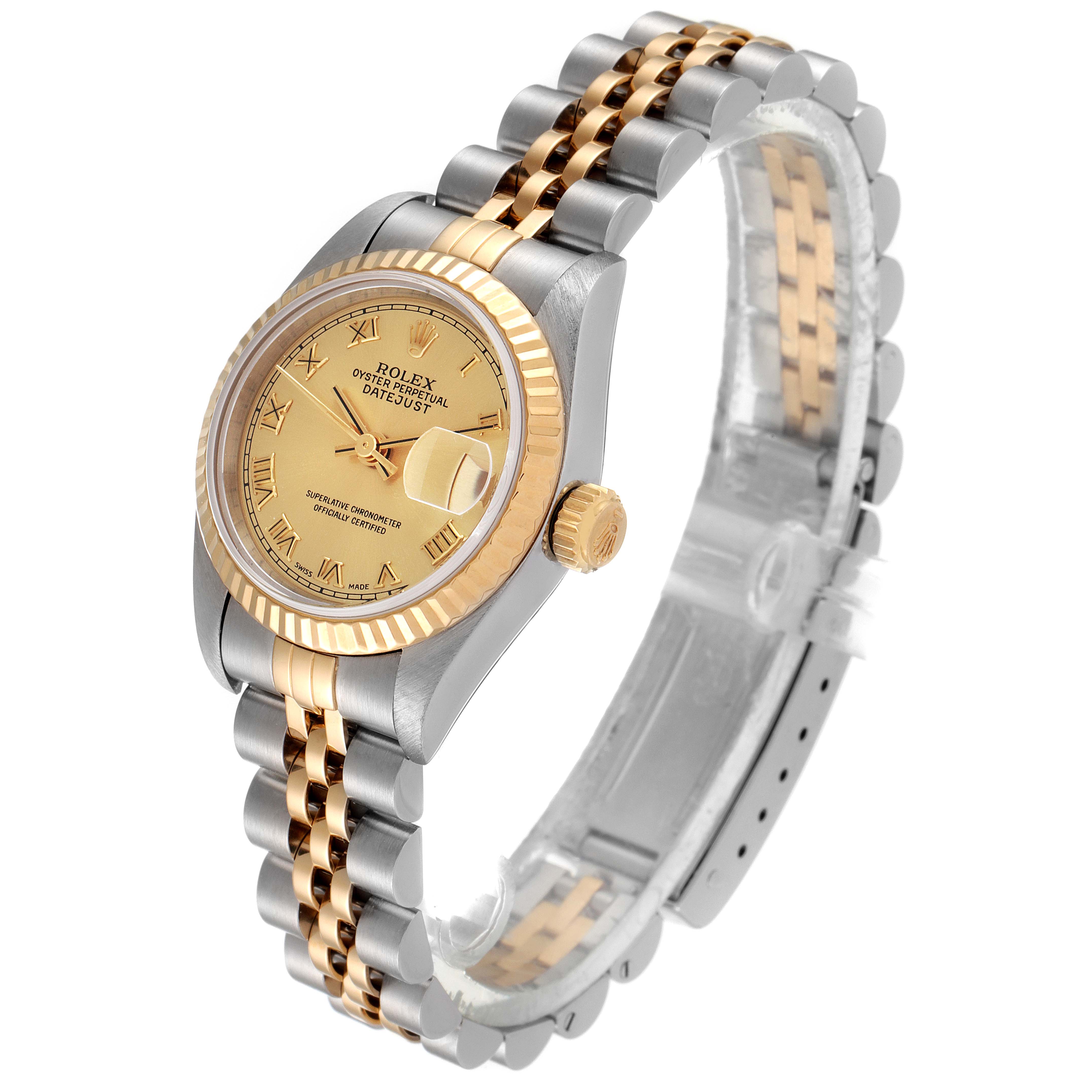 The image displays a Rolex Datejust 69173 Women's Steel and Gold (two tone) Champagne Dial 69173 Women's Steel and Gold (two tone) Champagne Dial watch at an angled view, highlighting the dial, bezel, crown, and two-tone bracelet.