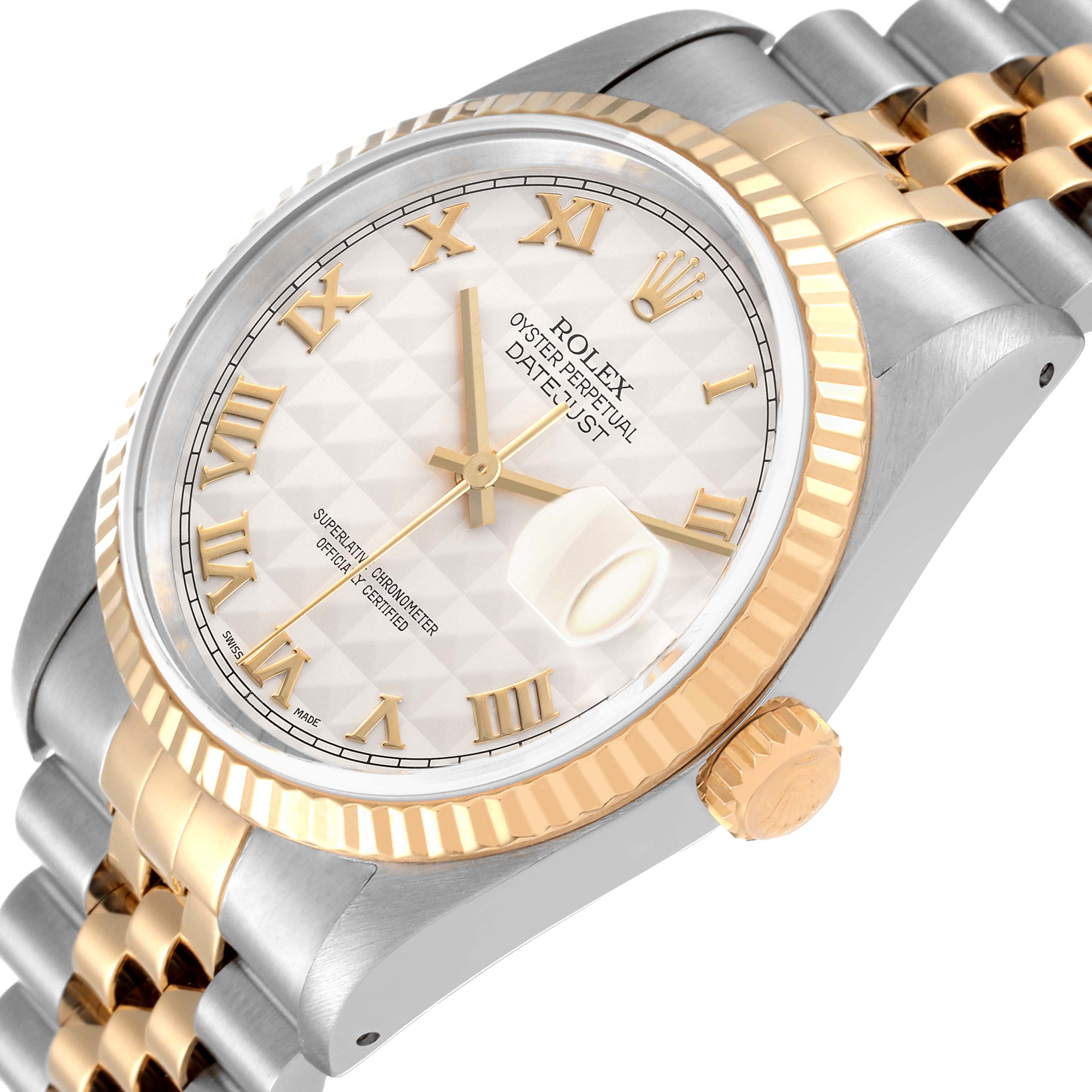This image shows a Rolex Datejust 16233 Men's Steel and Gold (two tone) Beige Dial 16233 Men's Steel and Gold (two tone) Beige Dial watch at an angled view displaying its dial, bezel, case, and part of the bracelet.