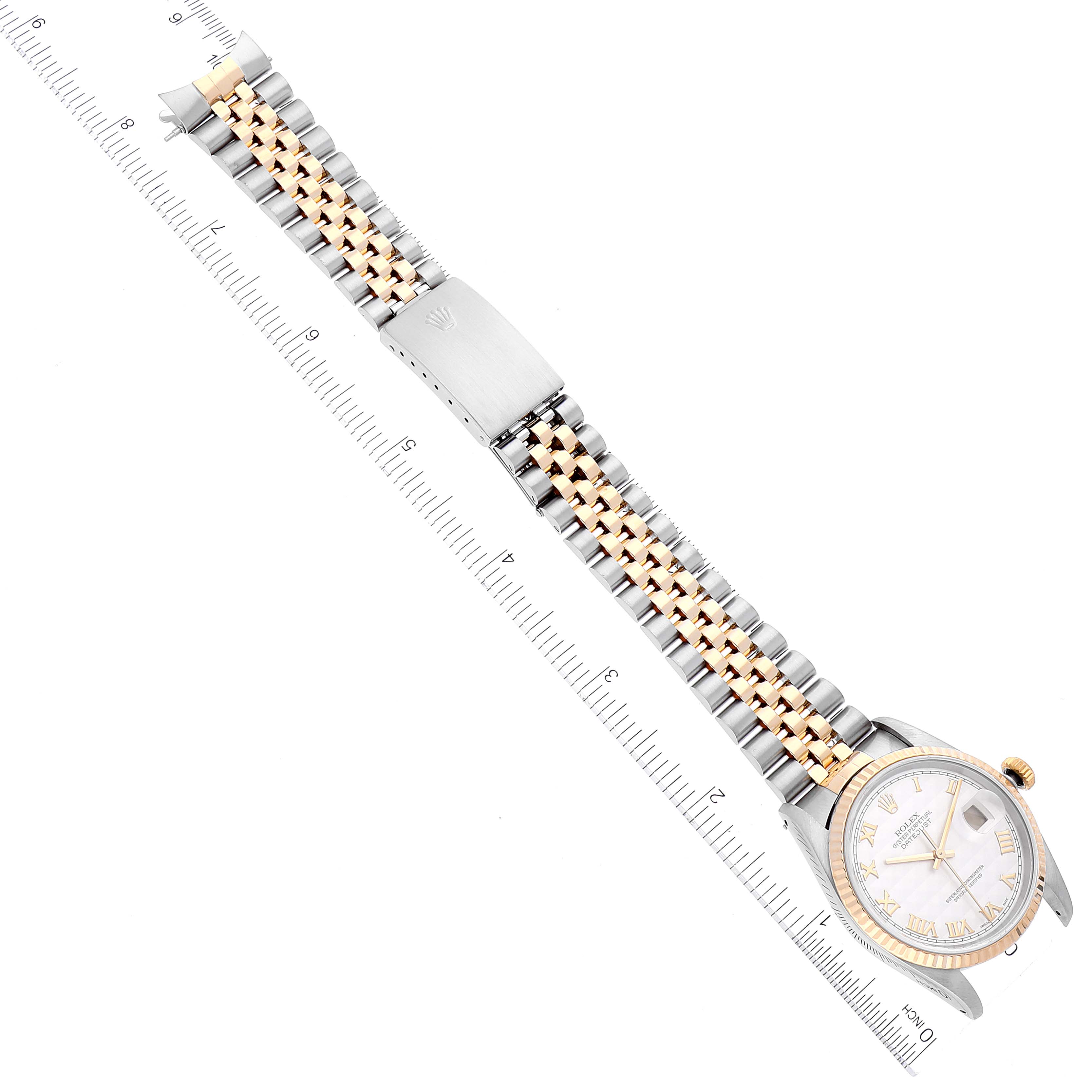 The Rolex Datejust 16233 Men's Steel and Gold (two tone) Beige Dial 16233 Men's Steel and Gold (two tone) Beige Dial watch is shown from above, displaying its full band, clasp, and round watch face.