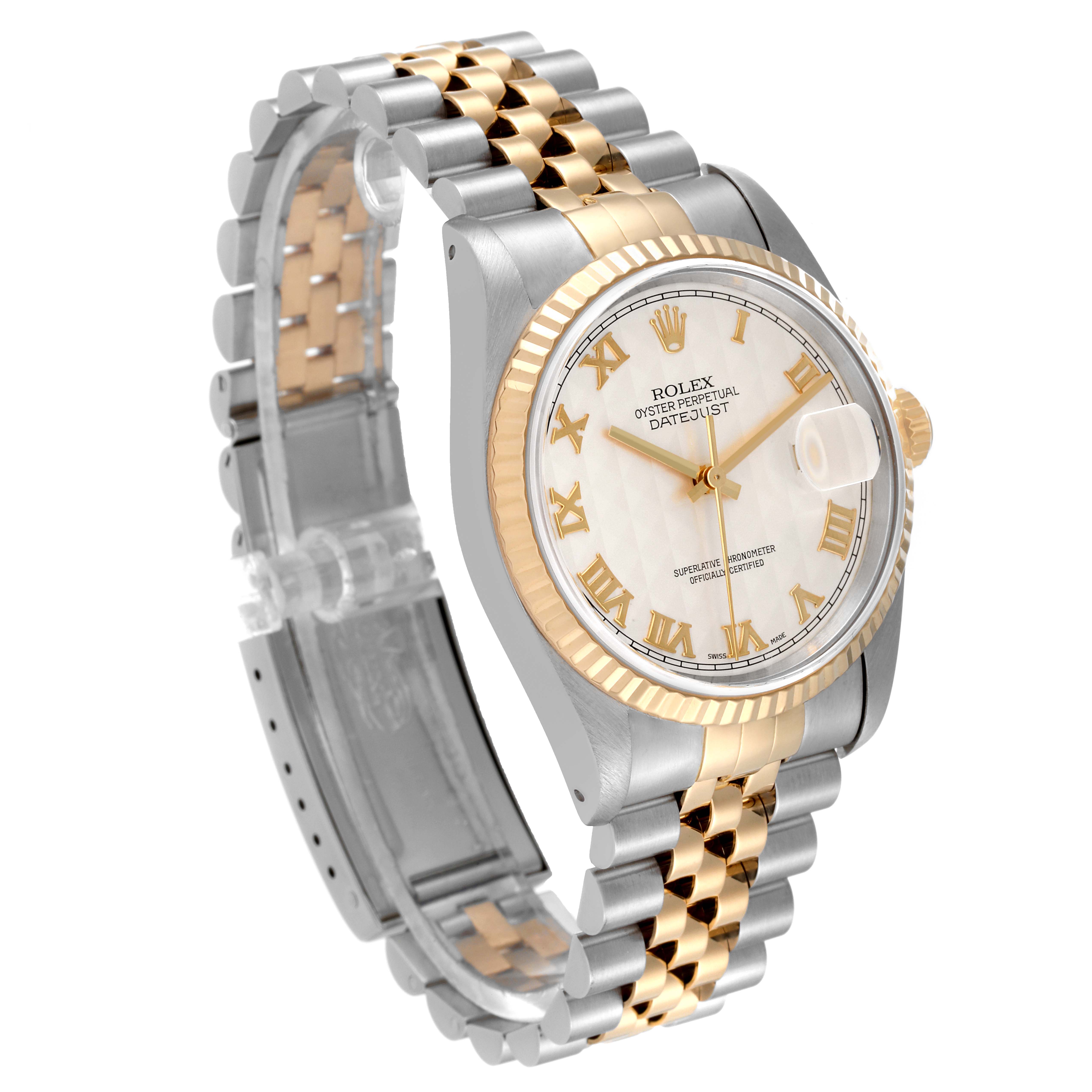 The image shows a Rolex Datejust 16233 Men's Steel and Gold (two tone) Beige Dial 16233 Men's Steel and Gold (two tone) Beige Dial watch at a three-quarter angle, displaying the bracelet, case, dial, and crown.