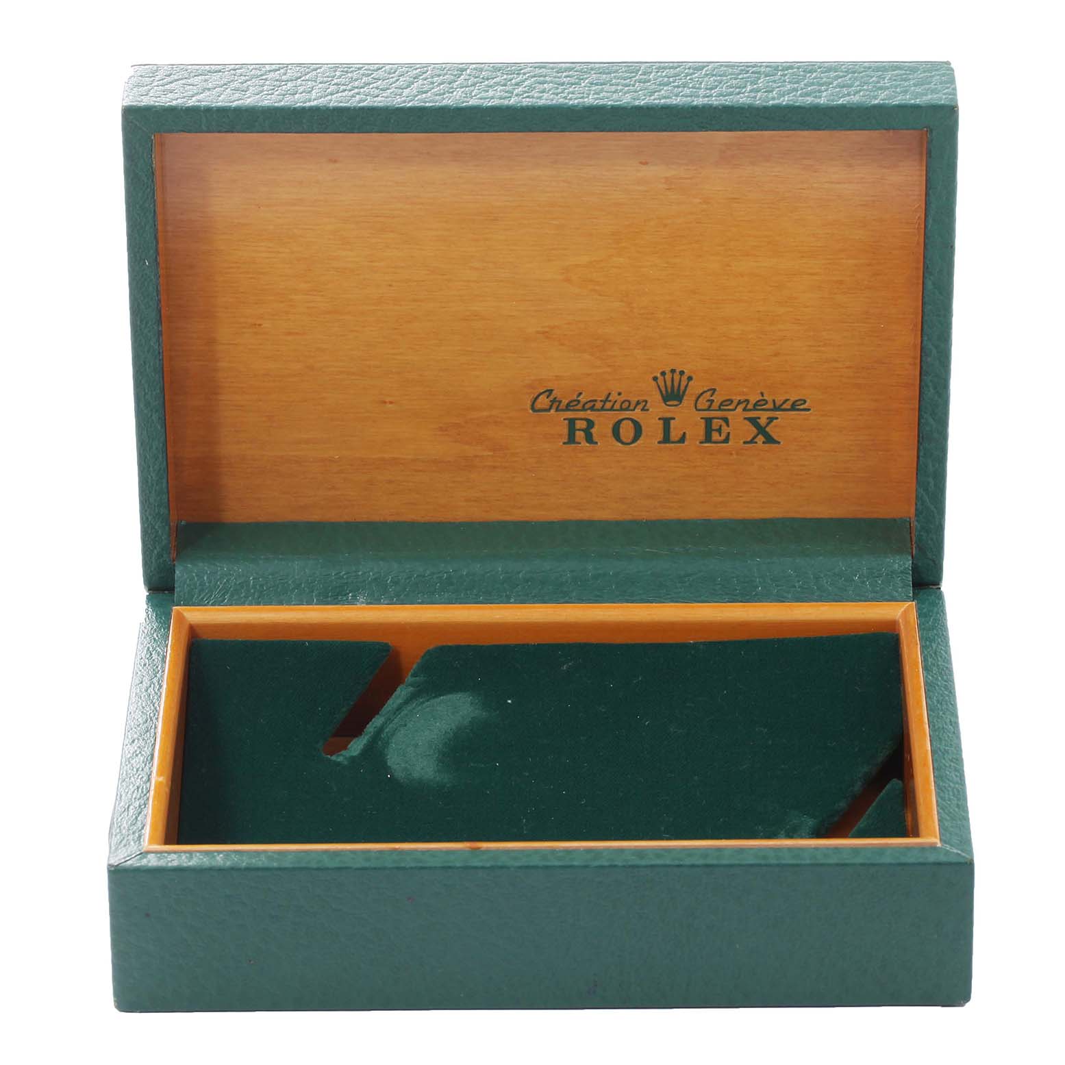 This is an empty Rolex Datejust 16233 Men's Steel and Gold (two tone) Beige Dial 16233 Men's Steel and Gold (two tone) Beige Dial watch box viewed from the front, displaying the interior and open lid with branding.