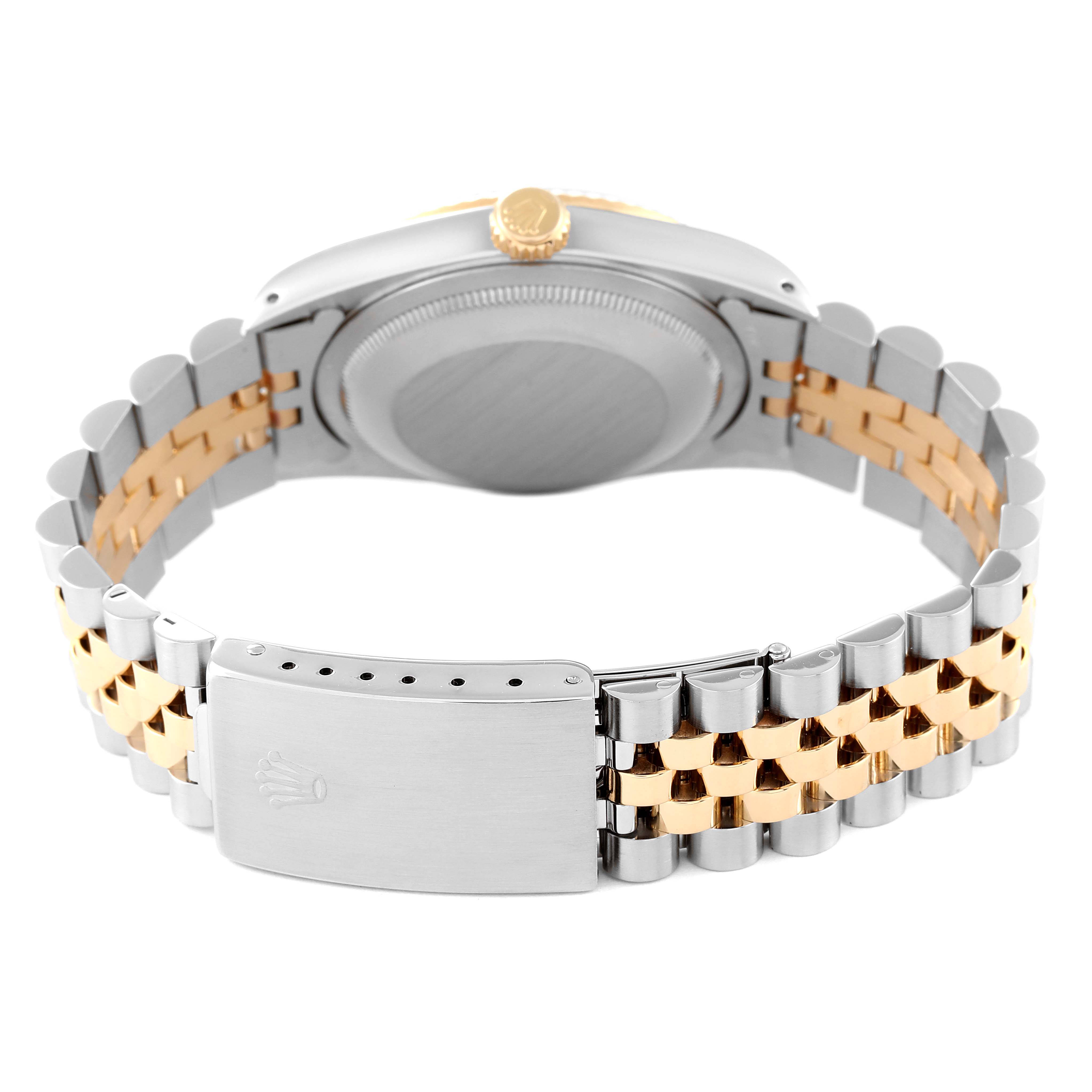 This image shows the back view of a Rolex Datejust 16233 Men's Steel and Gold (two tone) Beige Dial 16233 Men's Steel and Gold (two tone) Beige Dial watch, highlighting its case, crown, and two-tone jubilee bracelet with a clasp.